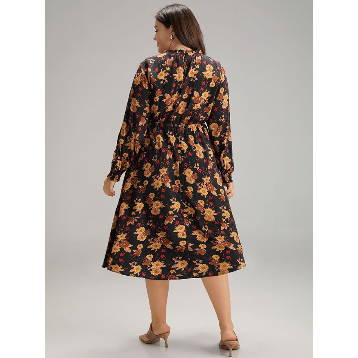 Plus Size Supersoft Essentials Floral Print Mock Neck Dress Black Women Elegant Printed Mock Neck Long Sleeve Curvy Midi Dress BloomChic 28/5X Product Image