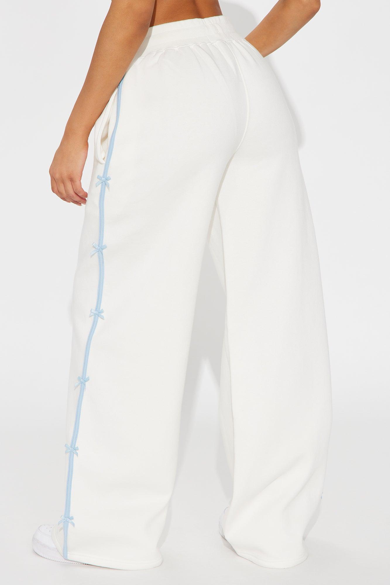 Sara Wide Leg Striped Fleece Pant - White Product Image