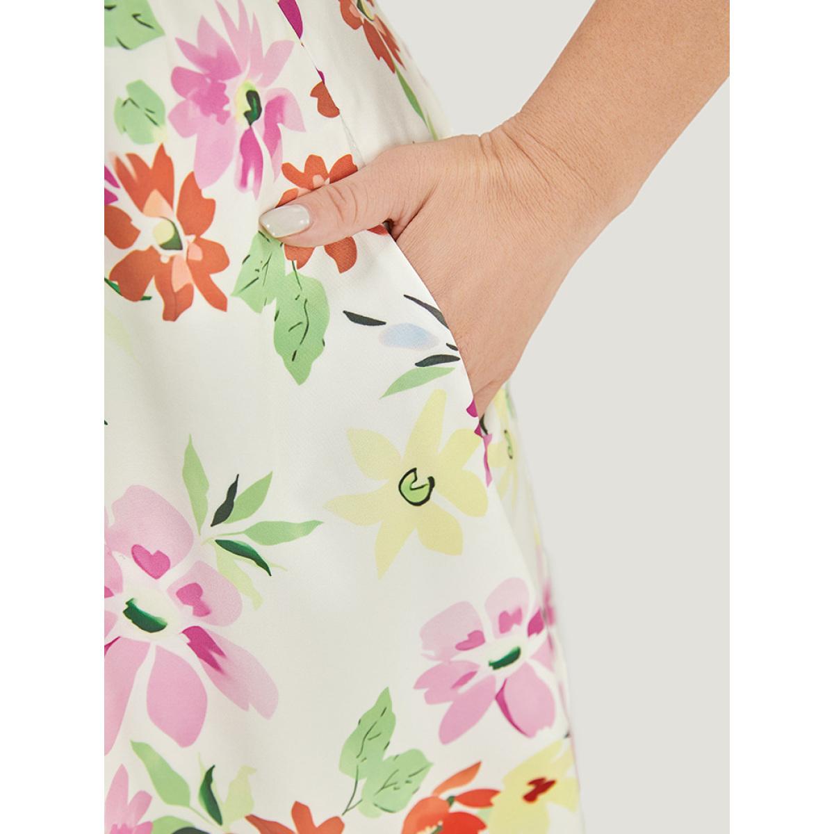 Plus Size Floral Knot Neck Pocket Cap Sleeve Ruffle Trim Dress Multicolor Women Elegant Knotted V-neck Cap Sleeve Curvy Midi Dress BloomChic 30/6X Product Image