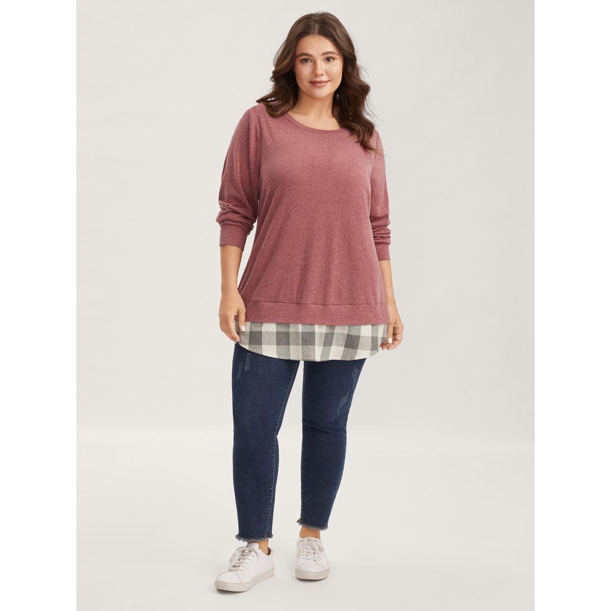 Plus Size Heather Plaid Patchwork Crew Neck T-shirt Russet Women Leisure Heather Plaid Round Neck Casual T-shirts BloomChic 22-24/3X Product Image
