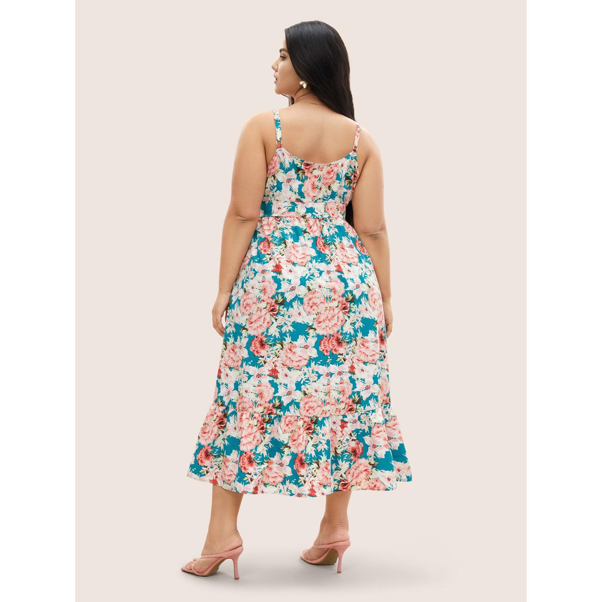 Plus Size Floral Print Wrap Belted Cami Dress Cerulean Women Elegant Overlapping Non Sleeveless Curvy Midi Dress BloomChic 26/4X Product Image