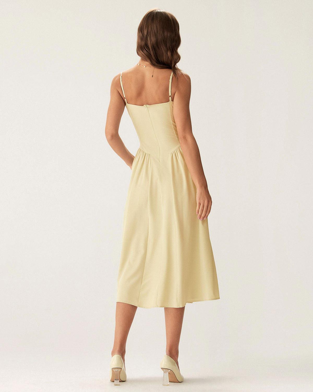 Yellow Square Neck Pocket Slip Midi Dress Product Image