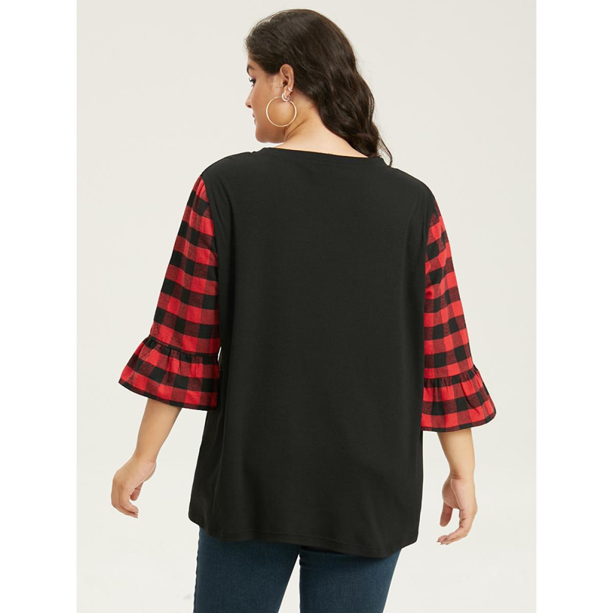 Plus Size Plaid Patched Pocket Patchwork Contrast Bell Sleeve T-shirt Black Women Casual Contrast Plaid Round Neck Dailywear T-shirts BloomChic 14-16/1X Product Image