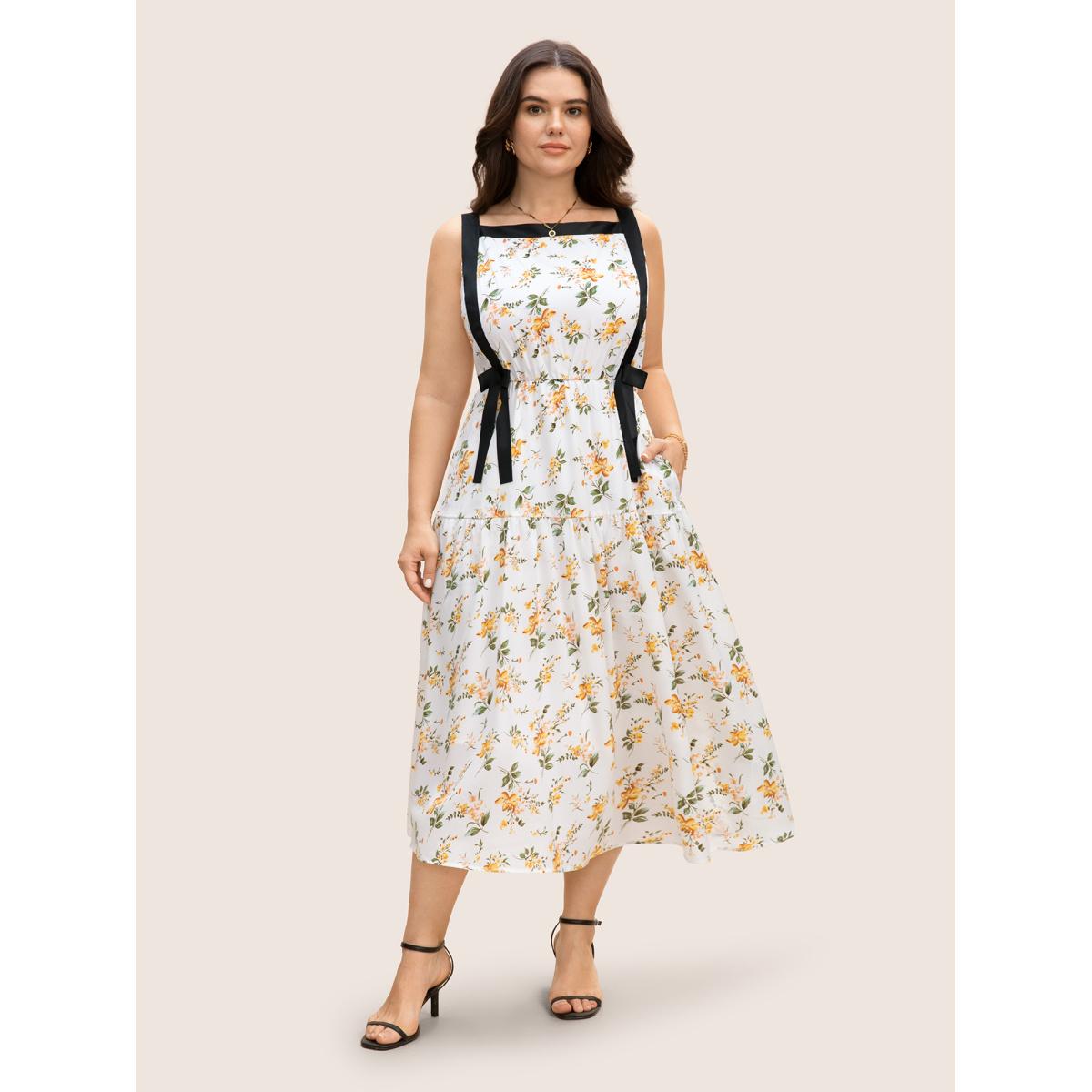 Plus Size Square Neck Contrast Trim Floral Print Dress Ivory Women Elegant Woven ribbon&lace trim Non Sleeveless Curvy BloomChic 12/L Product Image