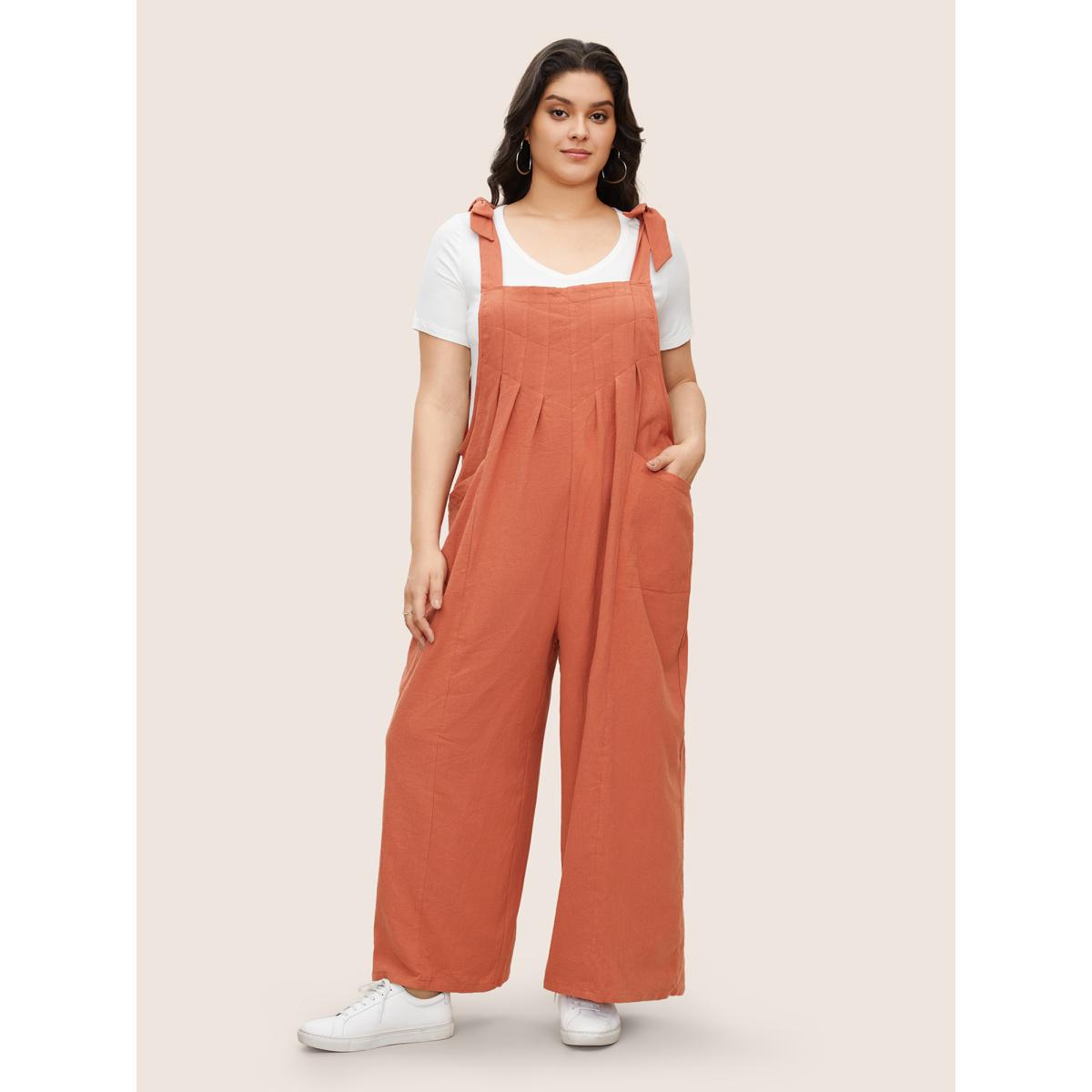 Plus Size Rust Solid Pleated Detail Pocket Knotted Shoulder Overall Jumpsuit Women Casual Sleeveless Non Everyday Loose Jumpsuits BloomChic 14-16/1X Product Image