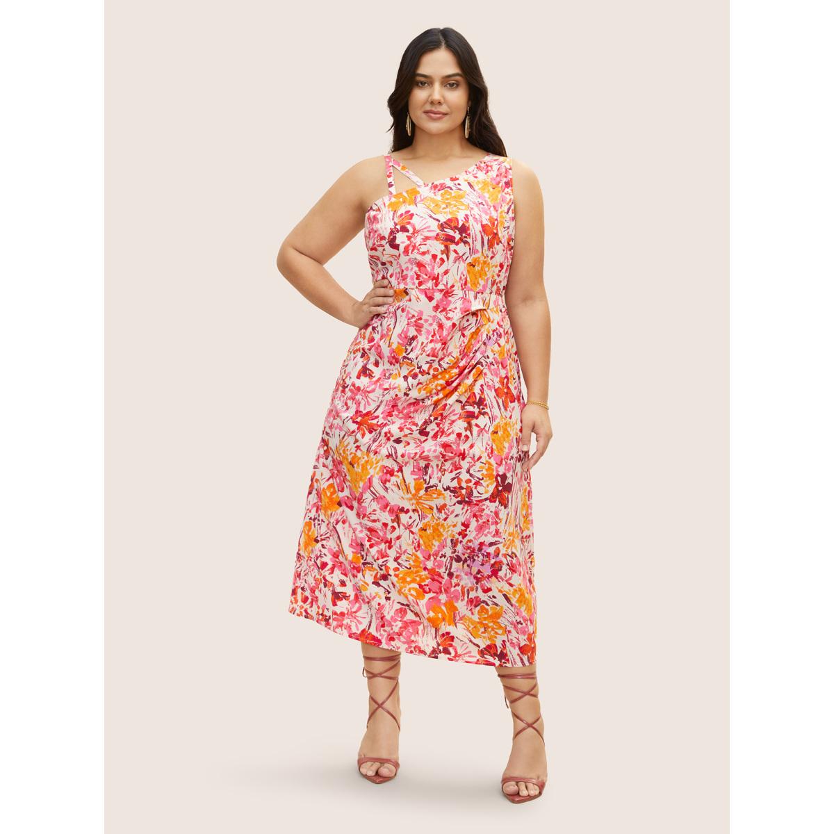 Plus Size Asymmetrical Neck Watercolor Floral Pleated Dress Blush Women Elegant Pleated Asymmetrical Neck Sleeveless Curvy BloomChic 12/L Product Image