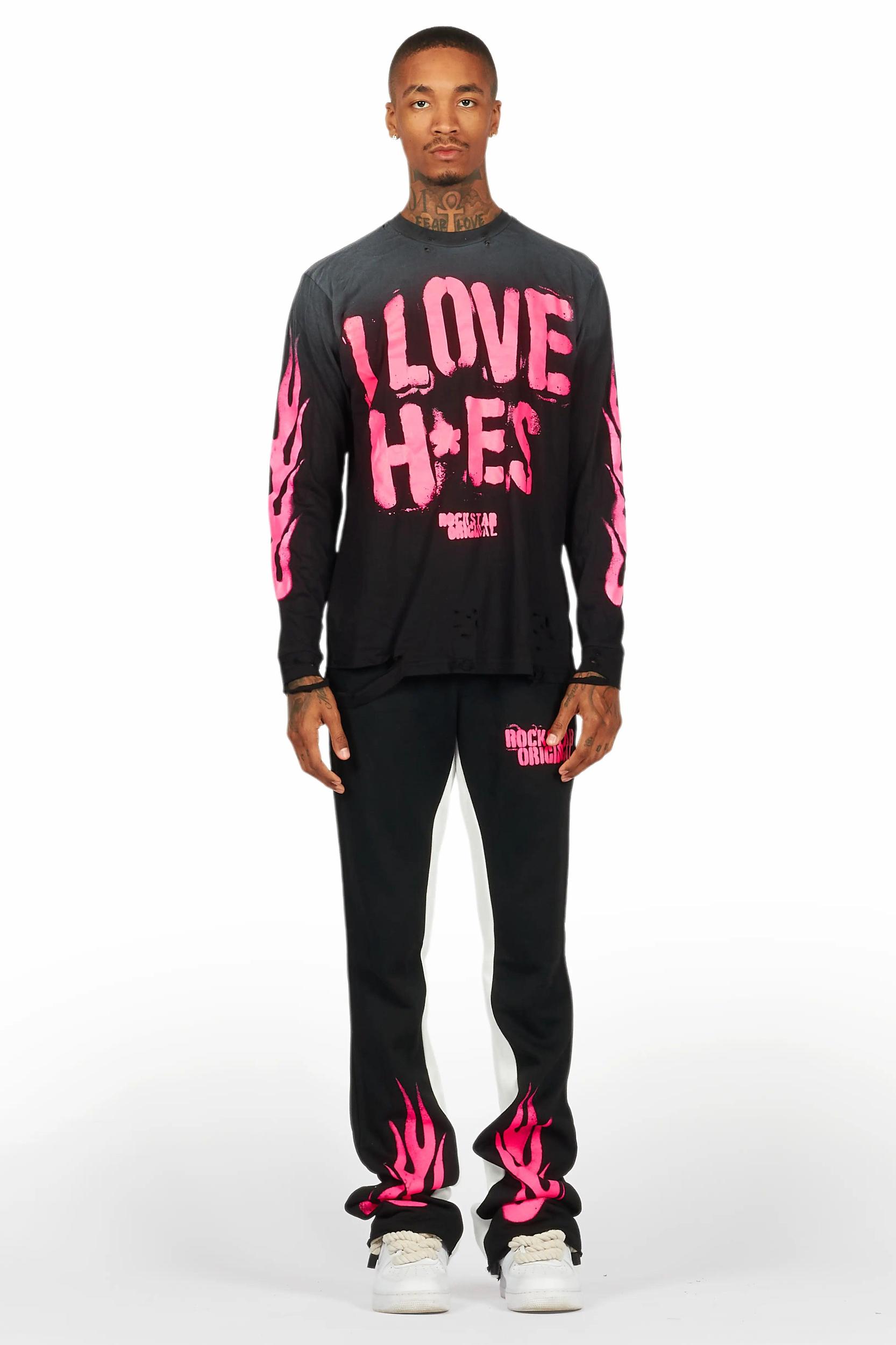 Banyan Black/Pink Long Sleeve T-Shirt/Stacked Baggy Track Pant Set Male Product Image