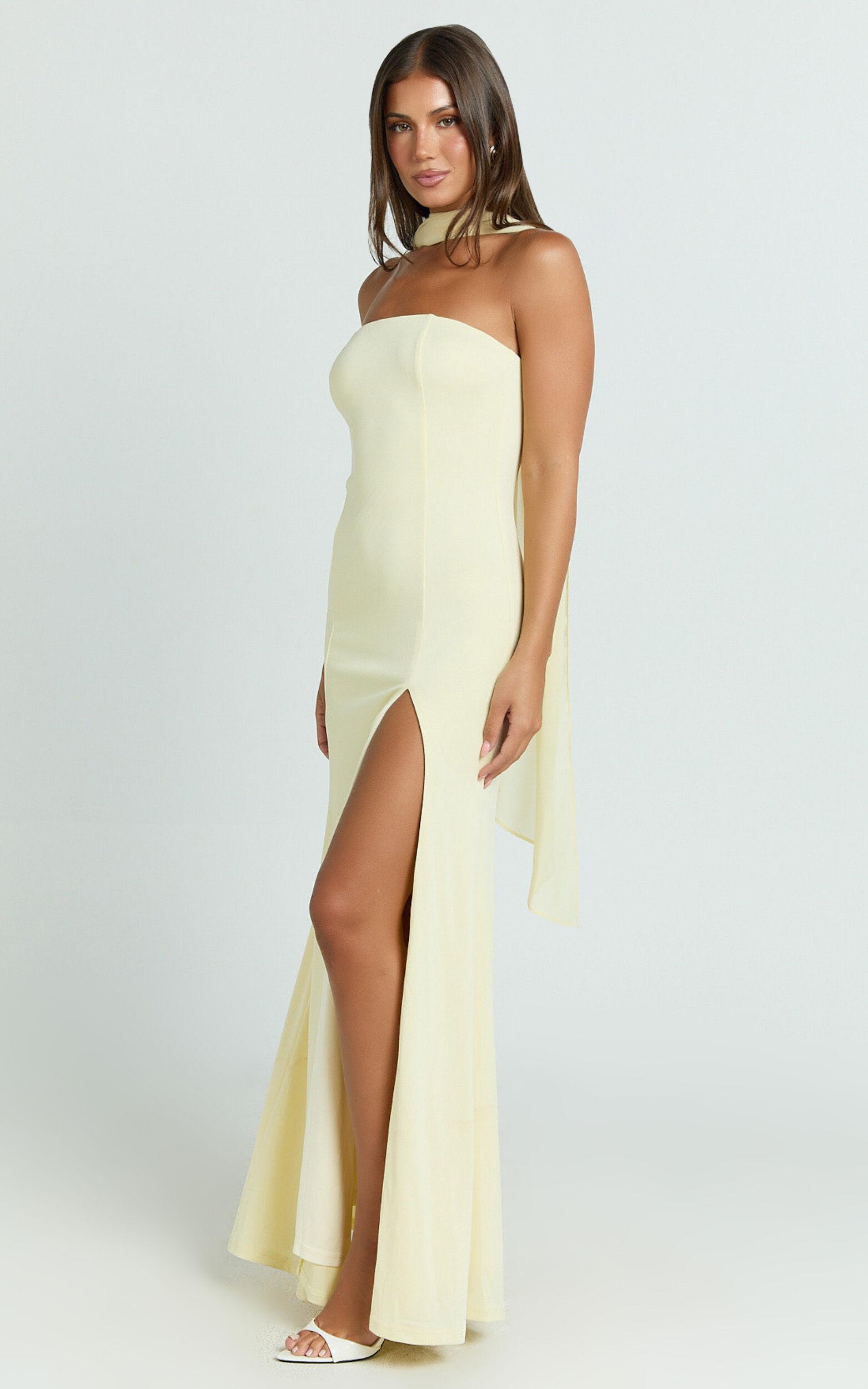 Dorothea Maxi Dress - Georgette Scarf Fit and Flare Dress in Lemon Product Image