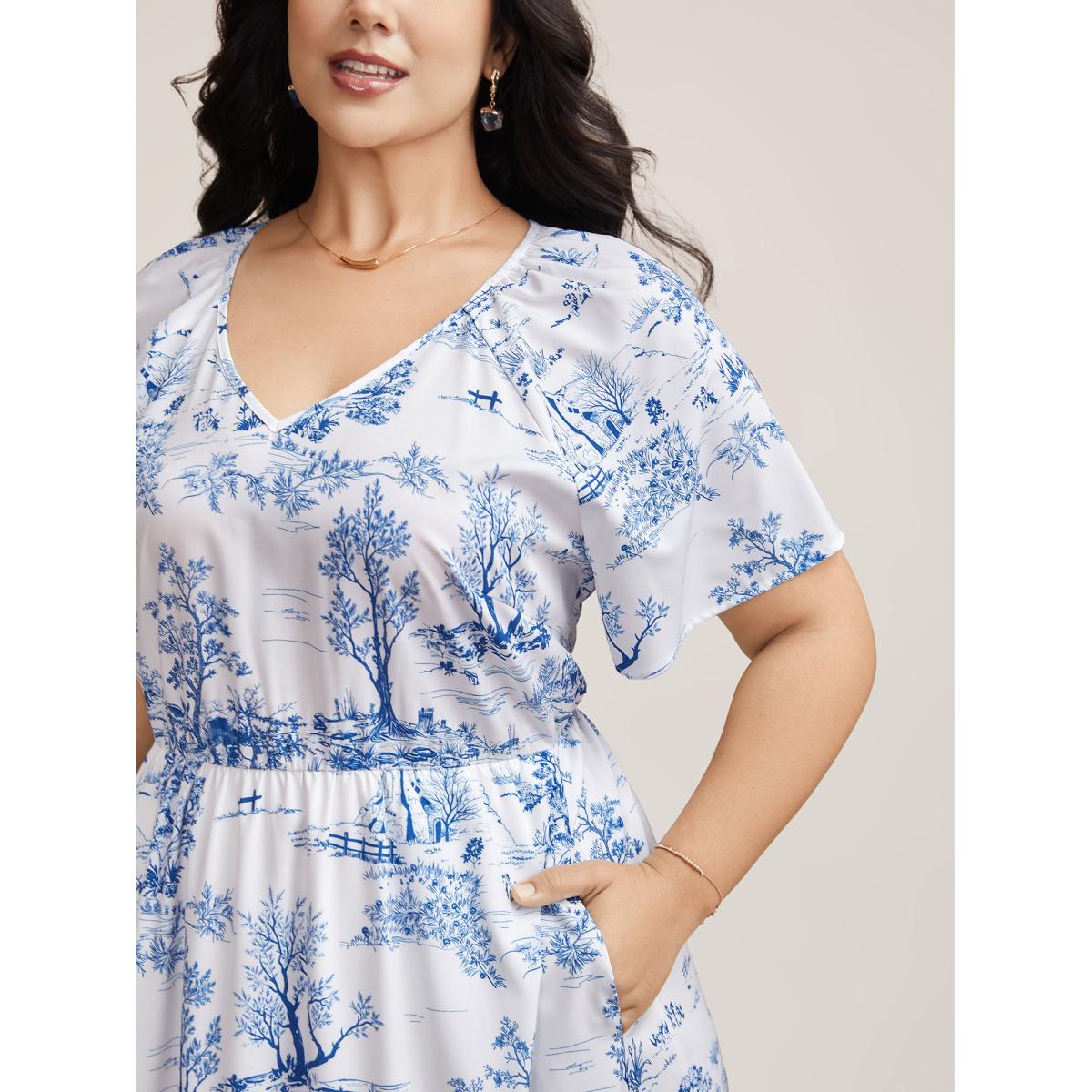 Plus Size Spring Dreams Stretchy-Waist Midi Dress LightBlue Women Elegant Gathered V-neck Short sleeve Curvy BloomChic 18-20/2X Product Image