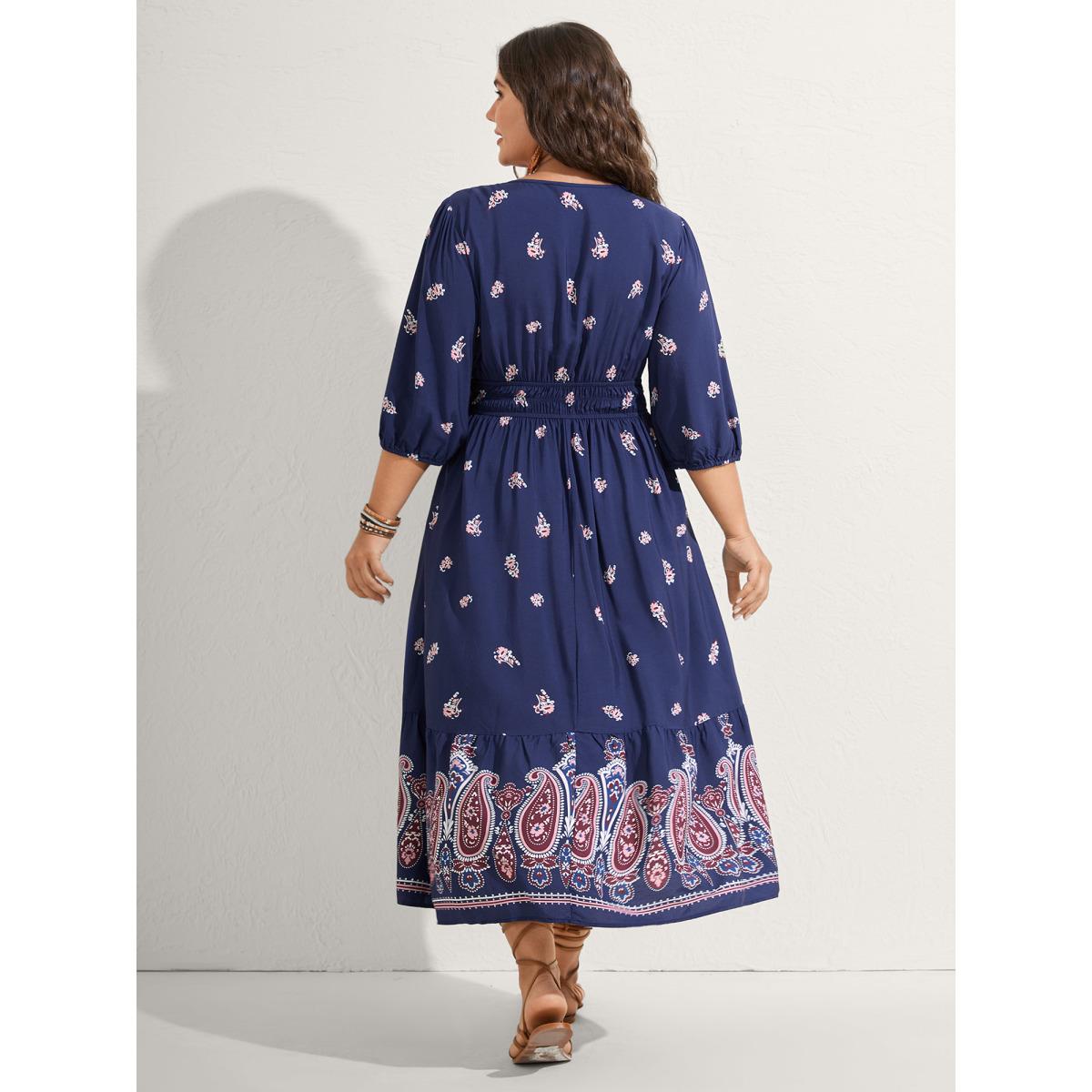 Plus Size Paisley Print Shirred Waist Midi Dress DarkBlue Women Boho Flat collar with V-notch Elbow-length sleeve Curvy BloomChic 18-20/2X Product Image