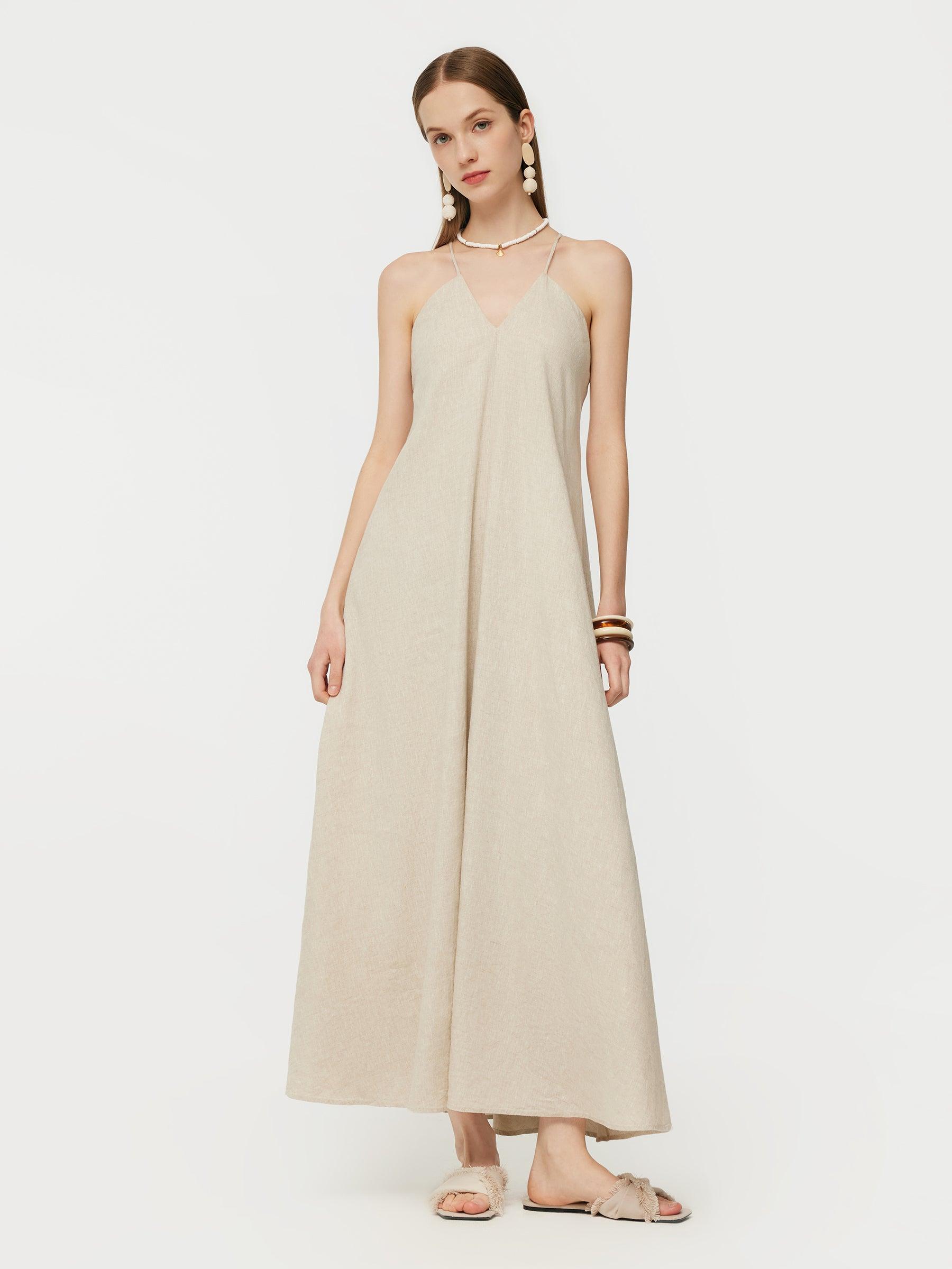100% Linen Women Backless Strap Maxi Dress Product Image