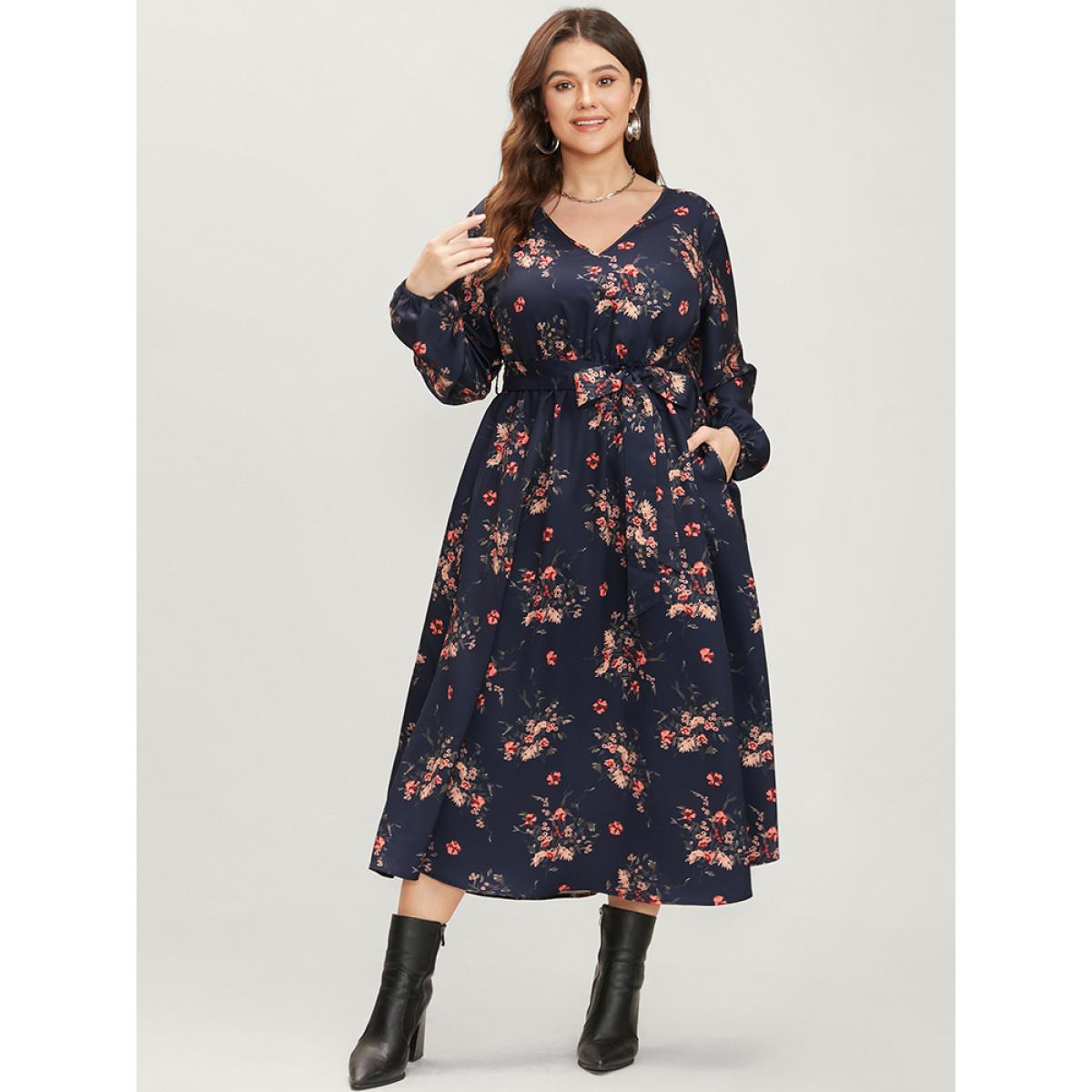 Plus Size Floral Print V Neck Lantern Sleeve Pocket Belted Dress Navy Women Elegant Elastic Waist V-neck Long Sleeve Curvy Midi Dress BloomChic 26/4X Product Image