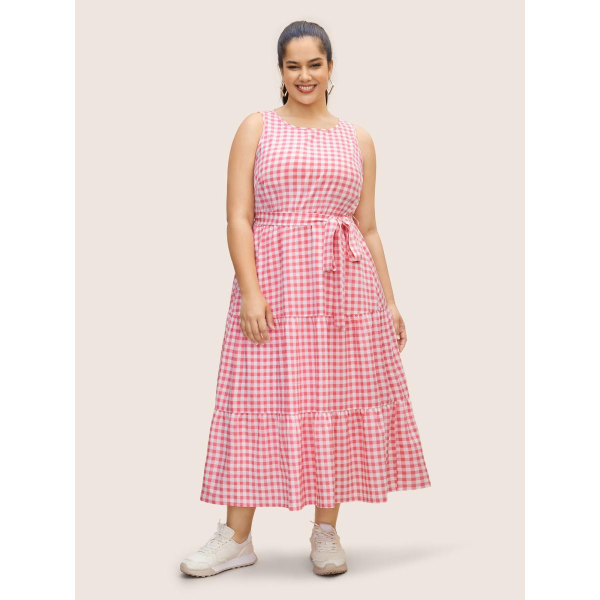 Plus Size Gingham Elastic Waist Sleeveless Maxi Dress Blush Women Casual Belted Round Neck Sleeveless Curvy BloomChic 10/M Product Image