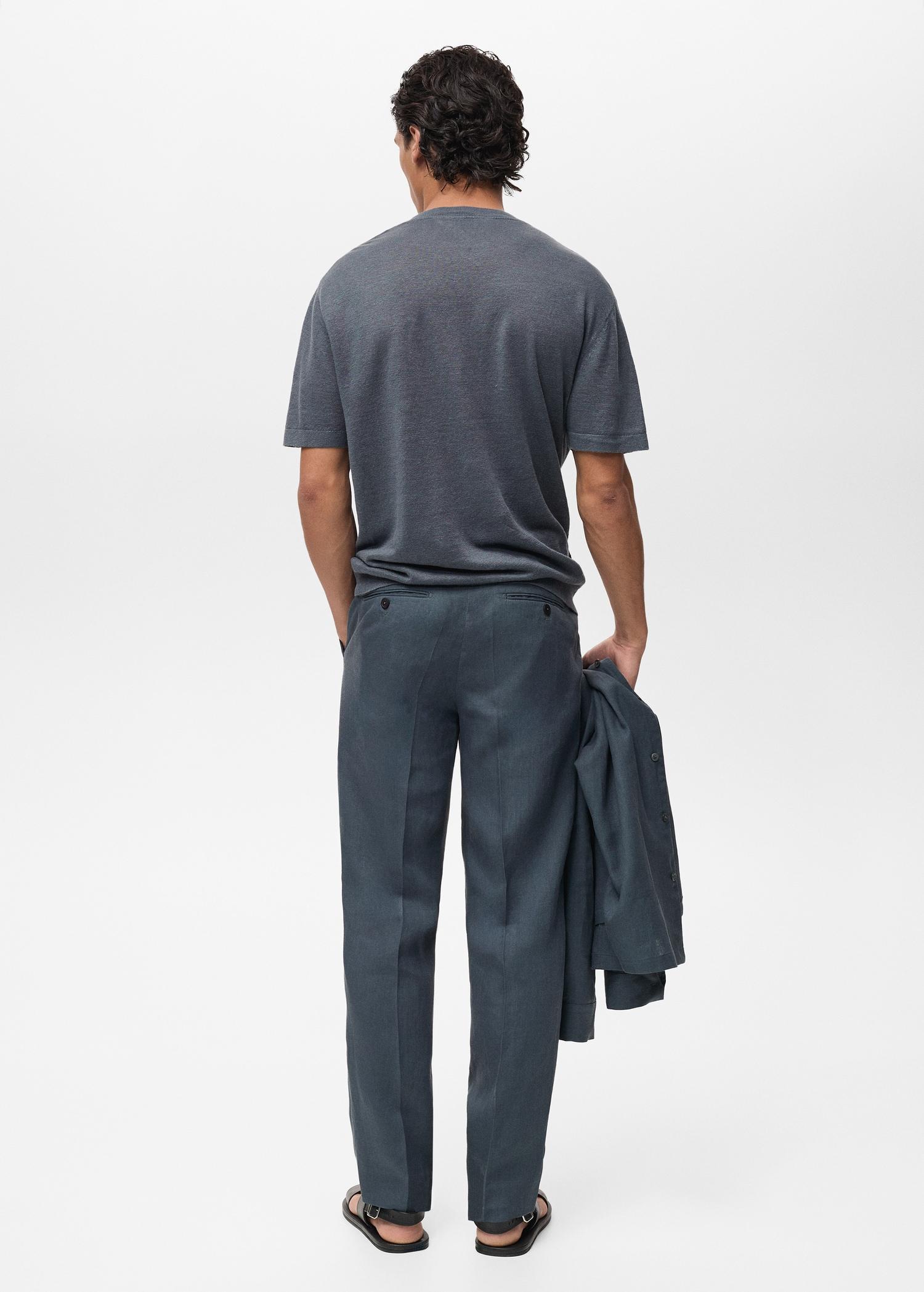 100% linen t-shirt with ribbed trim - Men | MANGO USA Product Image