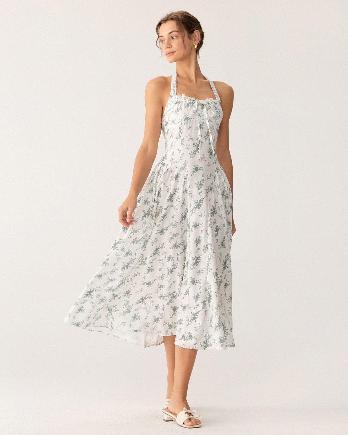 Green Floral Ruched Lace Halter Midi Dress Product Image