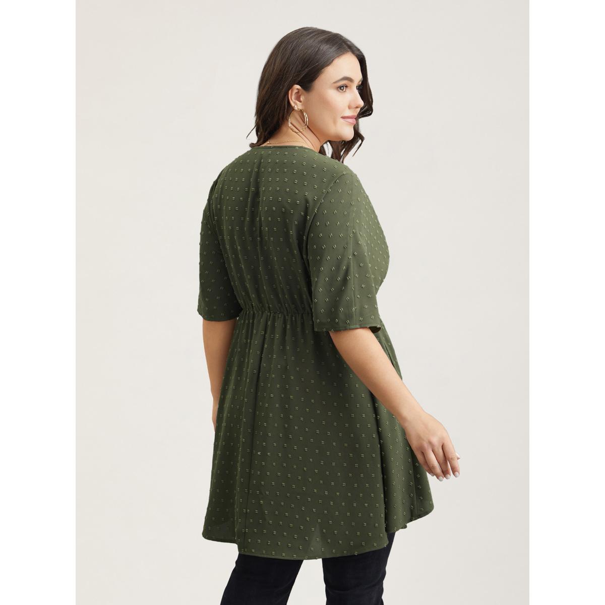 Plus Size ArmyGreen Textured Hi-Low Hem Pockets Shirt Women Casual Half Sleeve V-neck Everyday Blouses BloomChic 30/6X Product Image