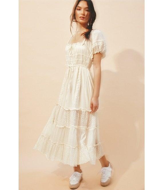 Free People Falling Sun Square Neck Short Puff Sleeve Tiered Midi Dress Product Image