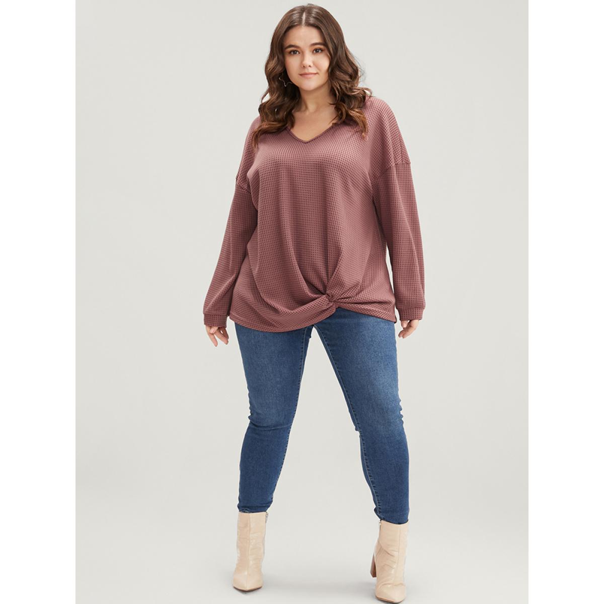 Plus Size Solid V Neck Twist Front Waffle Knit Sweatshirt Women DustyPink Elegant Asymmetrical V-neck Dailywear Sweatshirts BloomChic 14-16/1X Product Image