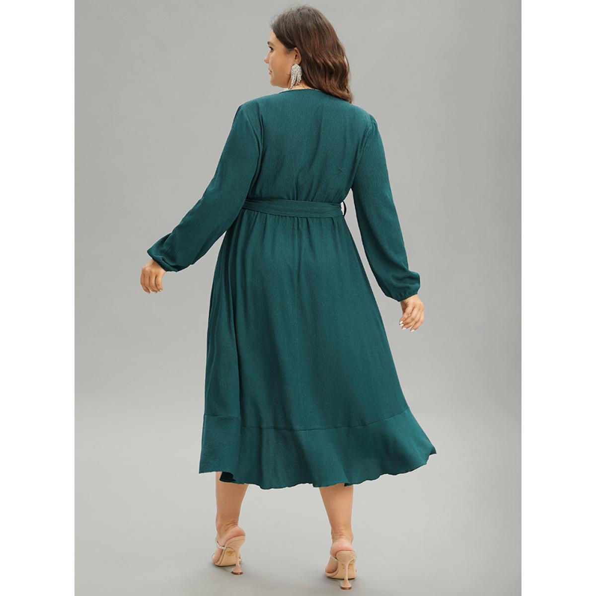 Plus Size Plain Texture Belted Wrap Arc Hem Lantern Sleeve Dress Aegean Women Glamour Elastic cuffs V-neck Long Sleeve Curvy Midi Dress BloomChic 12/L Product Image