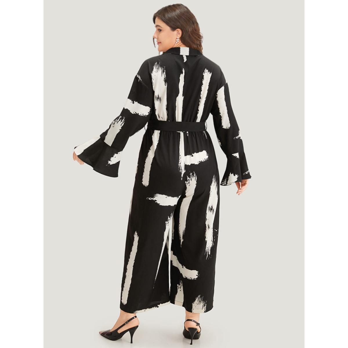 Plus Size BlackFlower Brush Print Button Up Belted Bell Sleeve Jumpsuit Women Office Long Sleeve Shirt collar Office Loose Jumpsuits BloomChic 26/4X Product Image