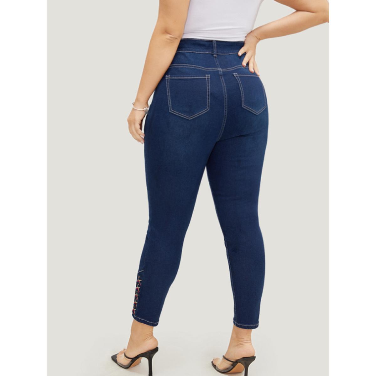 Plus Size Very Stretchy High Rise Dark Wash Geometric Embroidered Jeans Women Indigo Casual Plain Embroidered High stretch Pocket Jeans BloomChic 28/5X Product Image