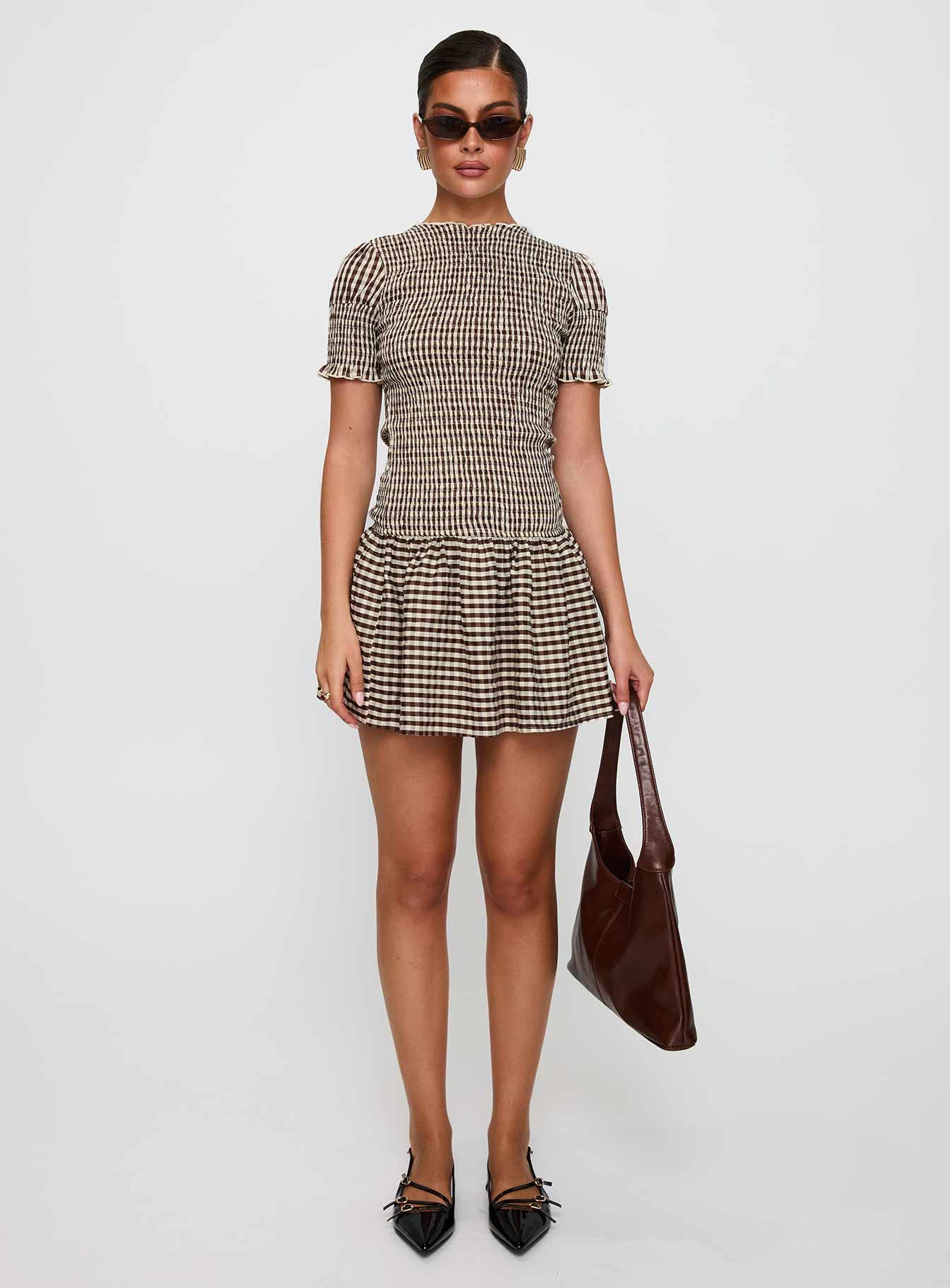 Laurita Shirred Mini Dress Brown Check Tall Product Image