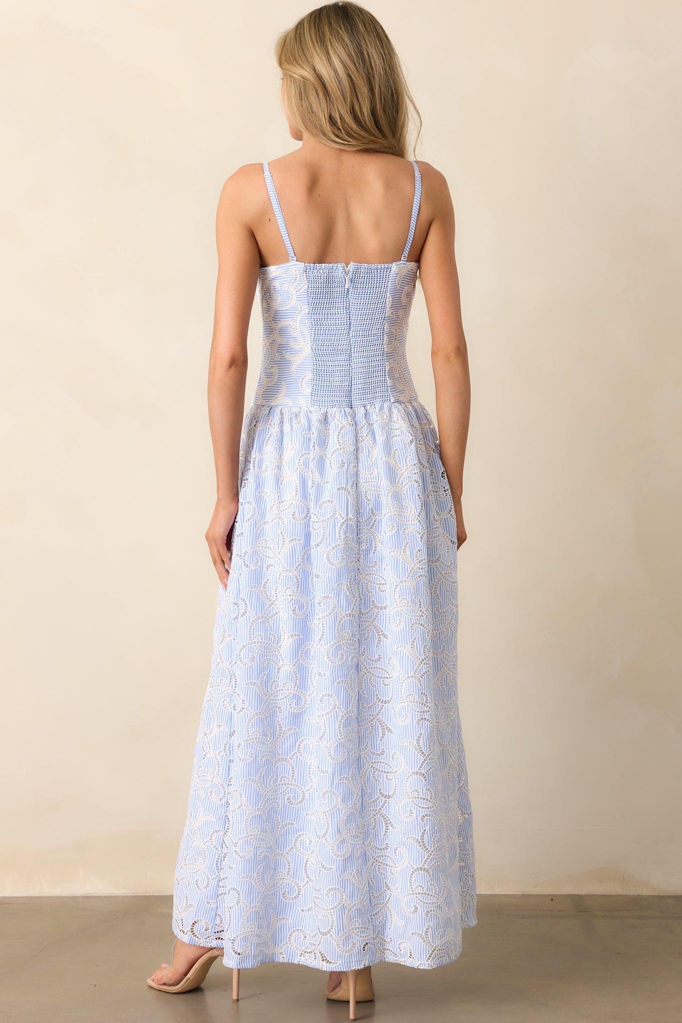 The Space Between Blue Stripe Embroidered Eyelet Maxi Dress Product Image
