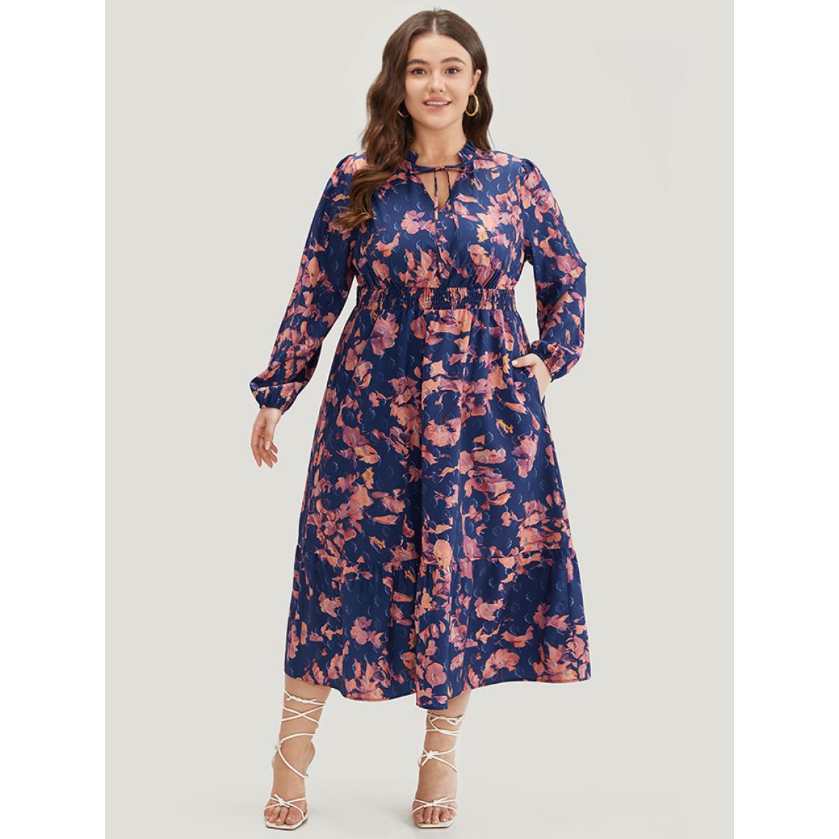 Plus Size Floral Print Shirred Frill Trim Ties Dress DarkBlue Women Elegant Elastic cuffs Tie Neck Long Sleeve Curvy Midi Dress BloomChic 10/M Product Image