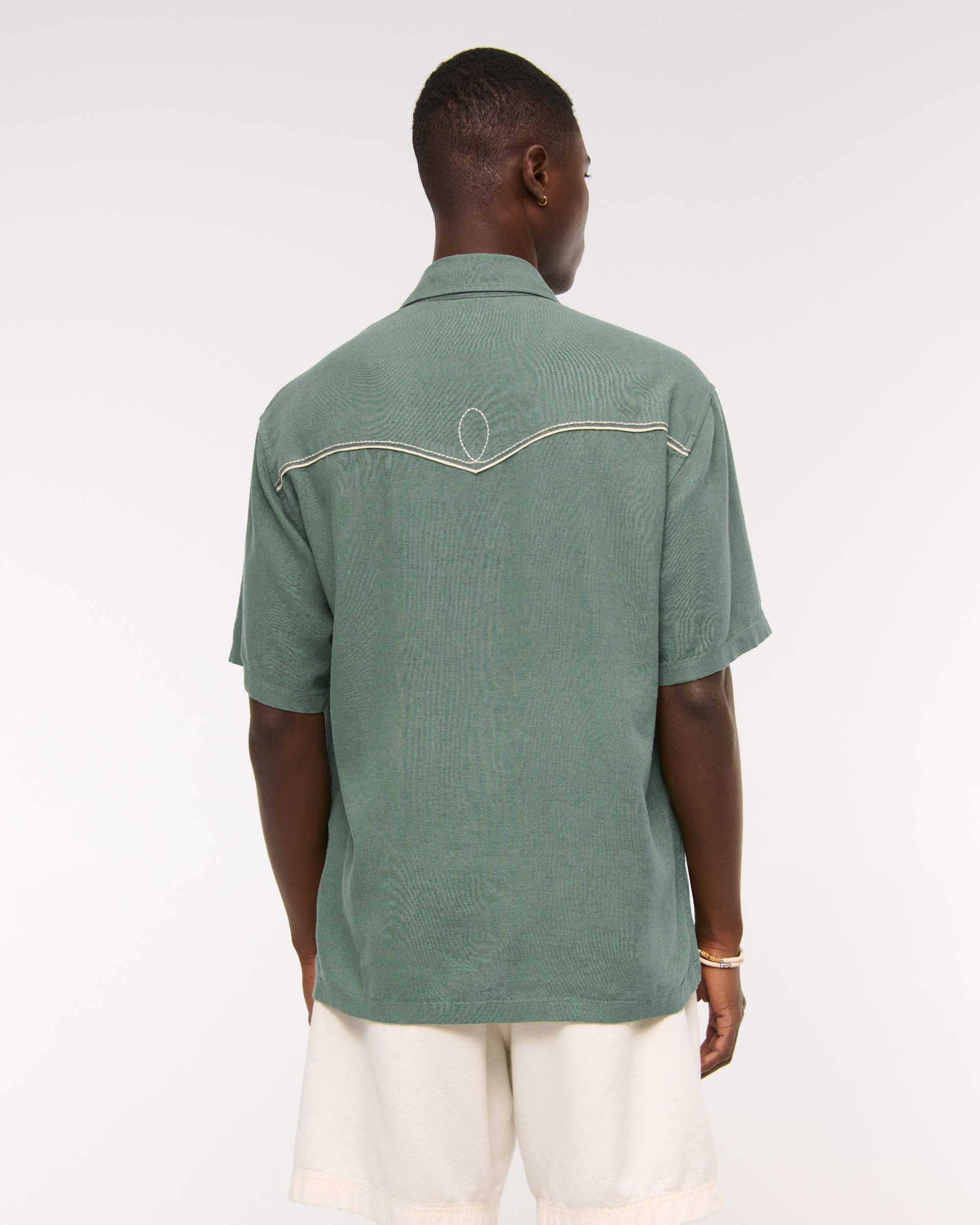 Short-Sleeve Summer Linen-Blend Button-Up Shirt Product Image