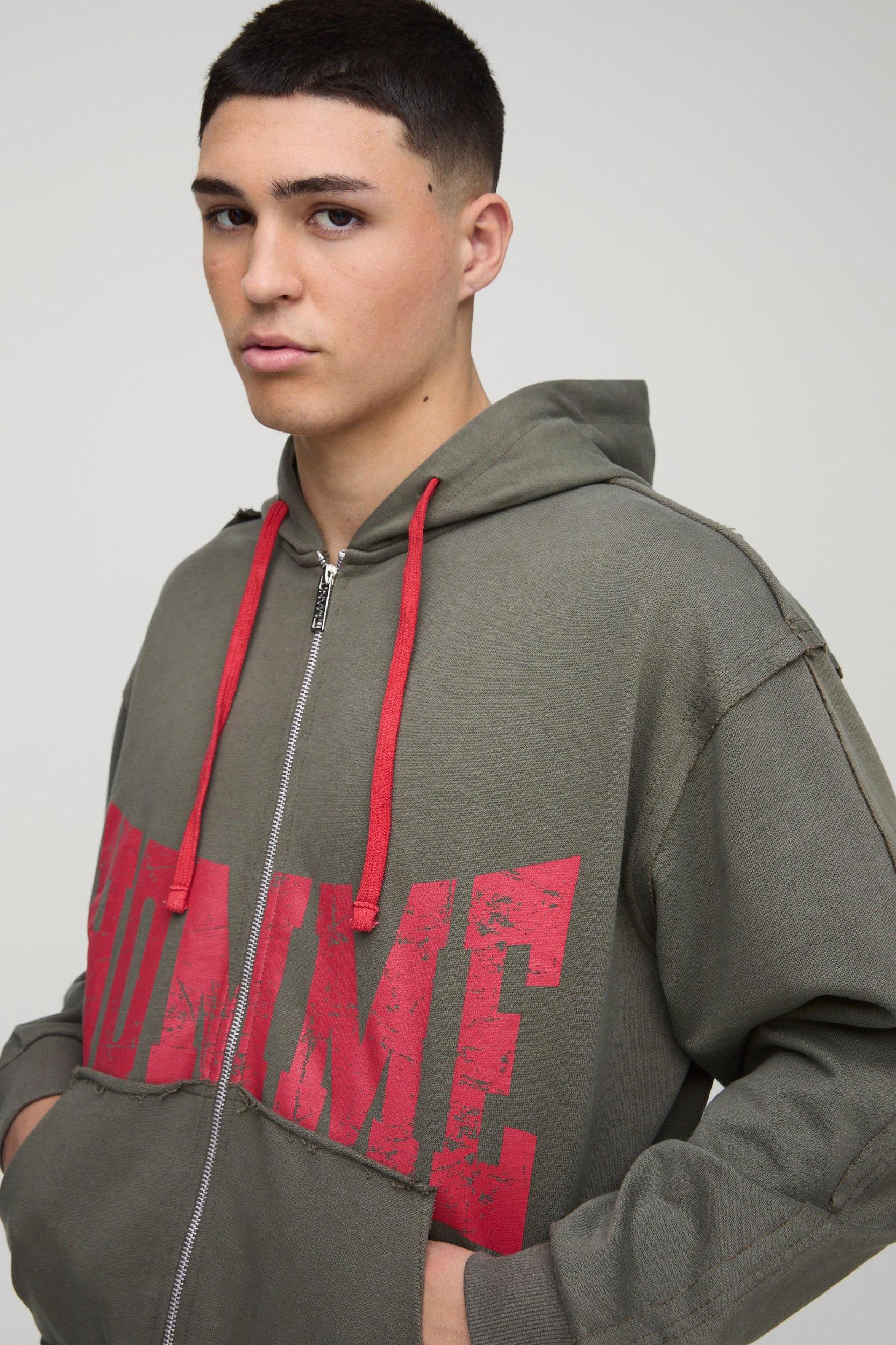 Oversized Boxy Homme Raw Seams Loopback Hooded Zip Through Loopback Tracksuit | boohooMAN USA Product Image