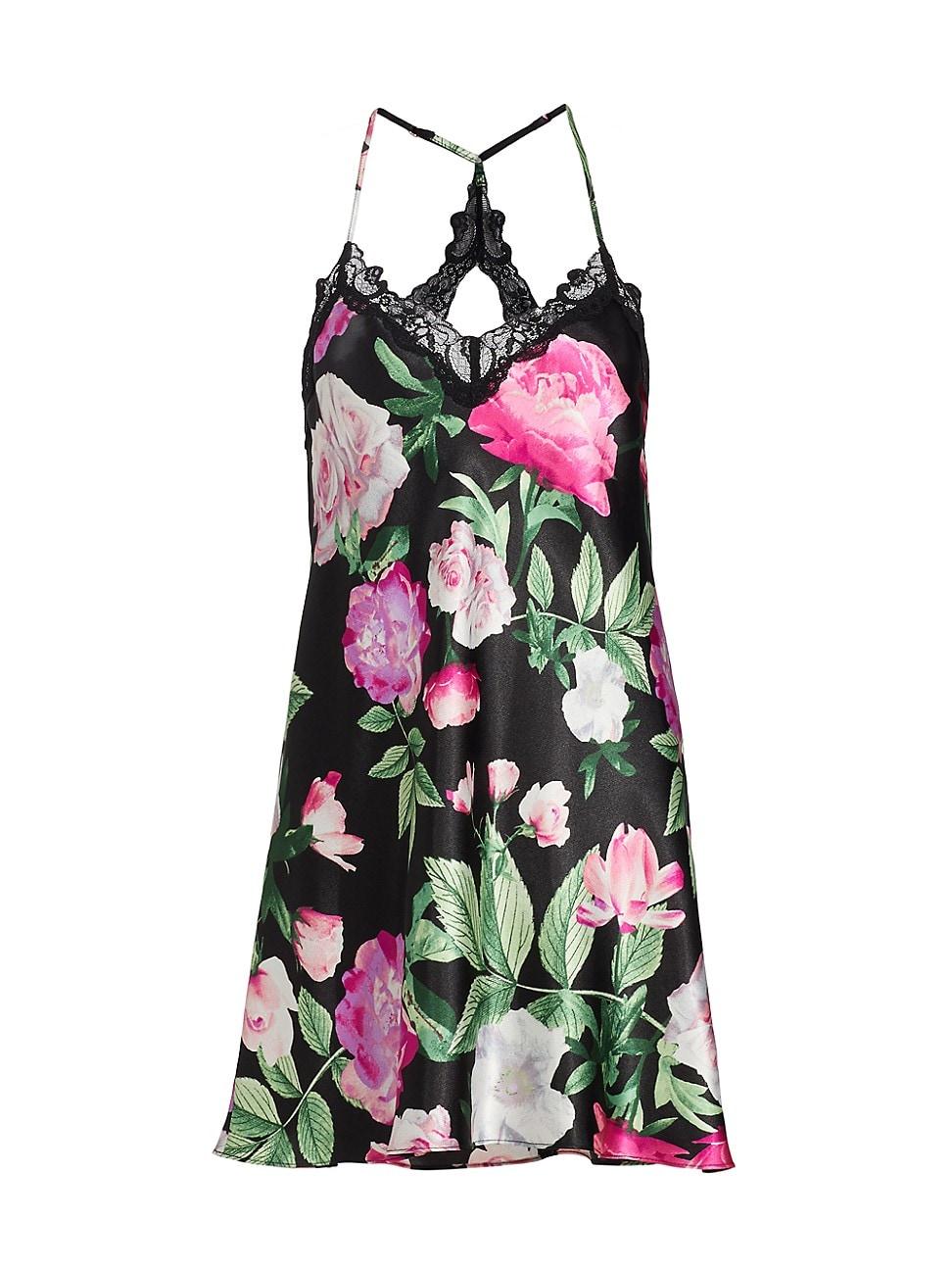 Womens Audrey Lace-Trimmed Floral Satin Chemise Product Image