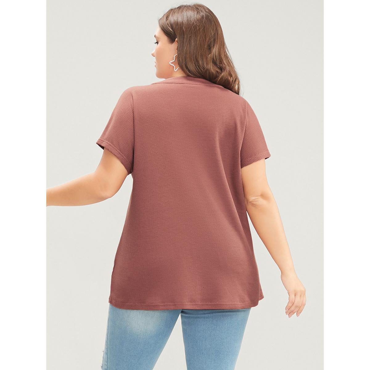 Plus Size Solid Dolman Sleeve Button Detail Waffle Knit T-shirt DustyPink Women Casual Button Plain V-neck Dailywear T-shirts BloomChic 30/6X Product Image