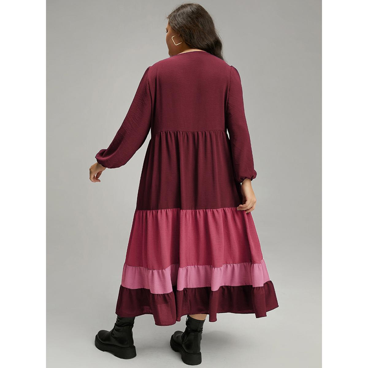 Plus Size Colorblock Contrast Square Neck Ruffle Layered Hem Dress Scarlet Women Casual Elastic cuffs Square Neck Long Sleeve Curvy Long Dress BloomChic 10/M Product Image