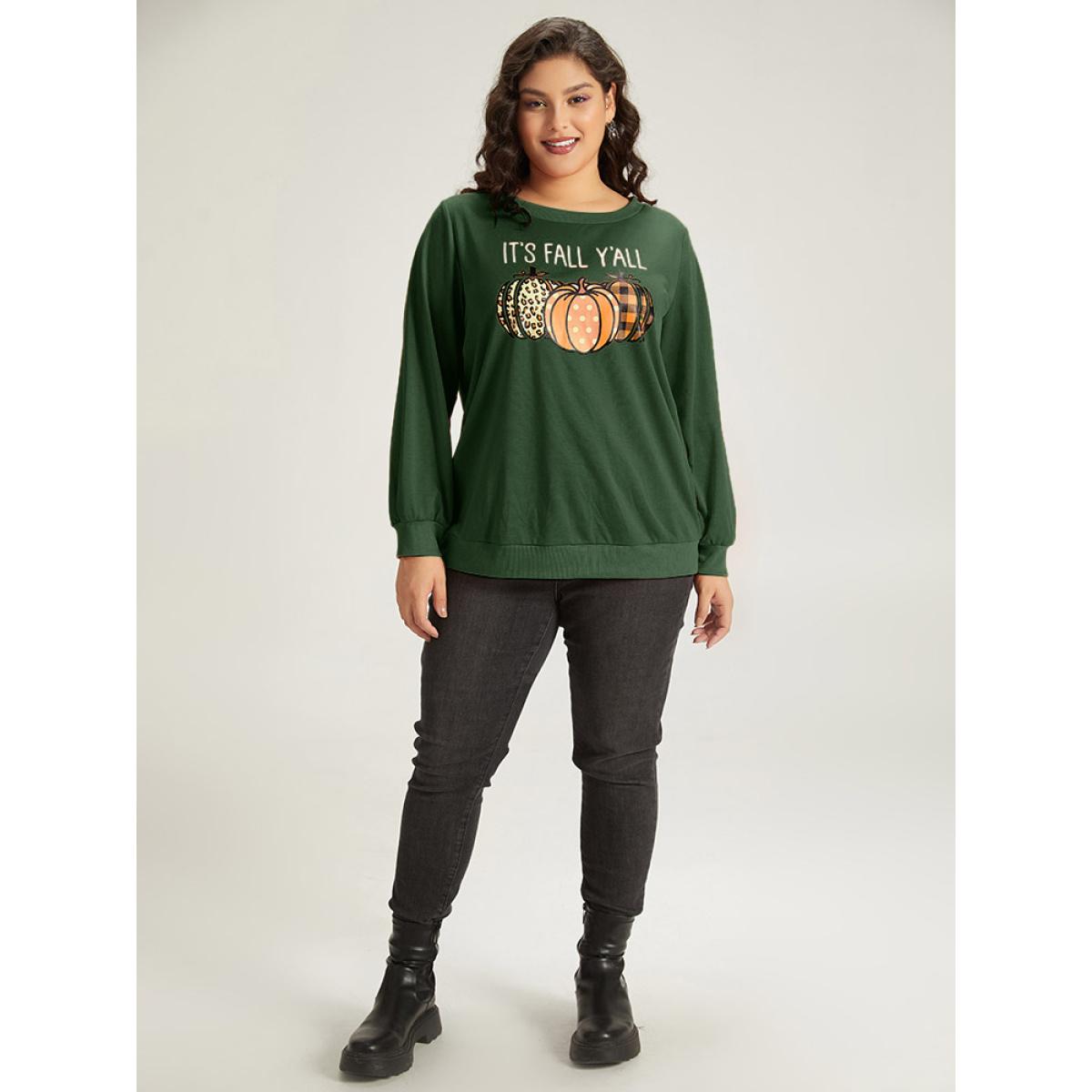 Plus Size Halloween Pumpkin Crew Neck Elastic Cuffs Sweatshirt Women Green Casual Elastic cuffs Festival-Halloween Sweatshirts BloomChic 14-16/1X Product Image