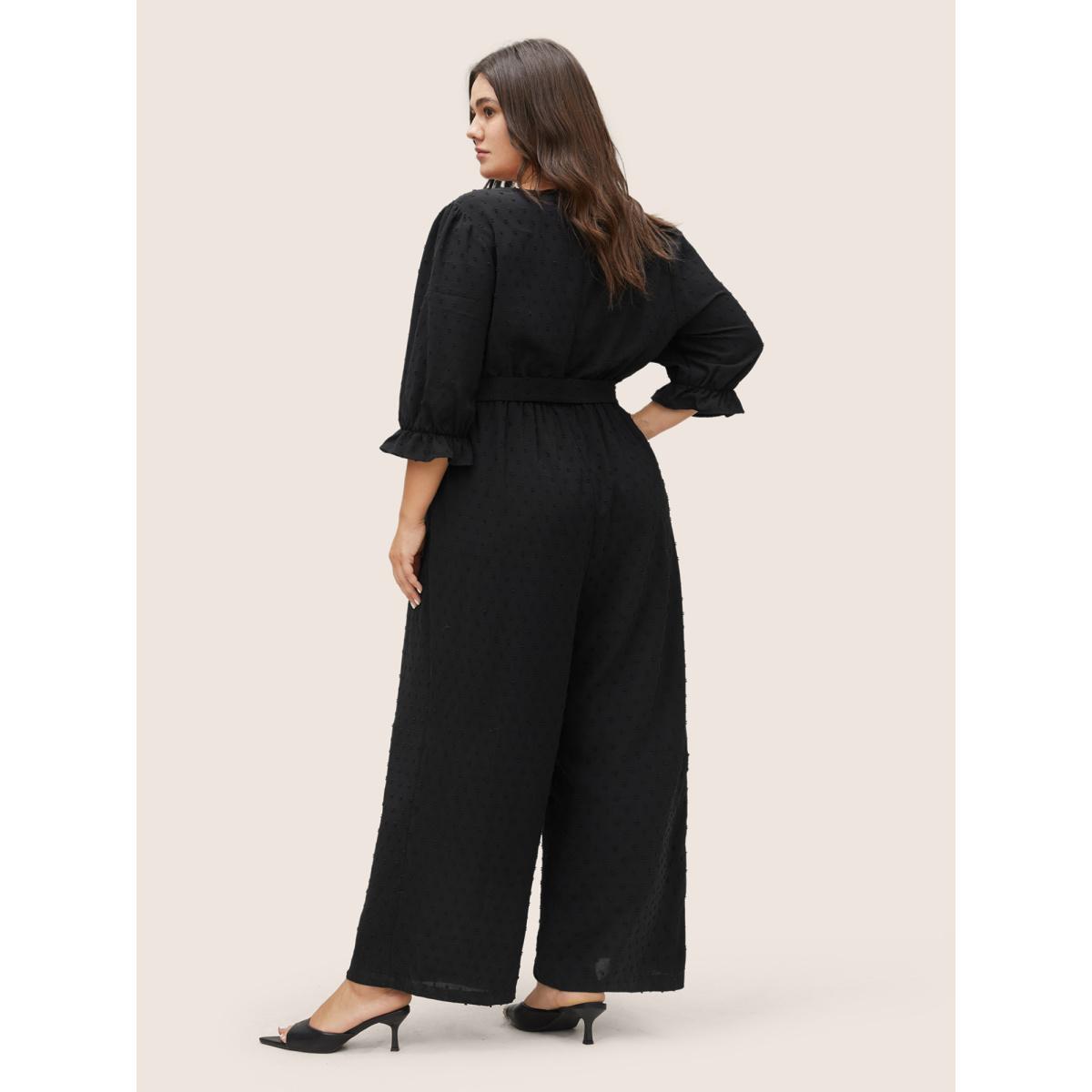 Plus Size Black Solid Texture Heart Buckle Detail Belted Jumpsuit Women Elegant Half Sleeve V-neck Everyday Loose Jumpsuits BloomChic 28/5X Product Image