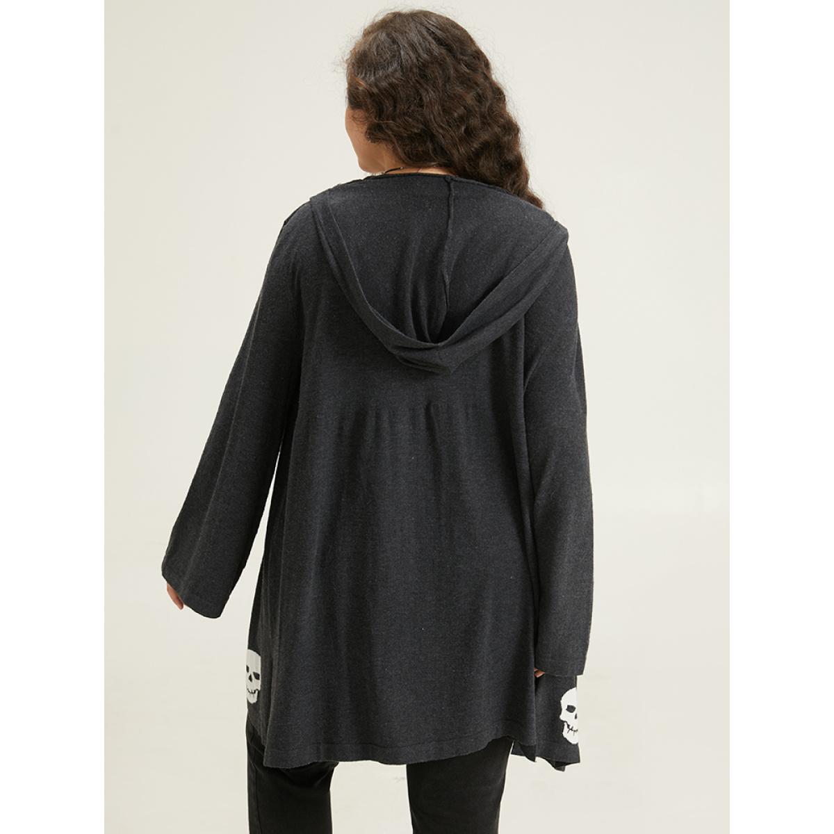 Plus Size Halloween Skull Print Hooded Split Open Front Cardigan Black Women Casual Loose Long Sleeve Festival-Halloween Cardigans BloomChic 22-24/3X Product Image