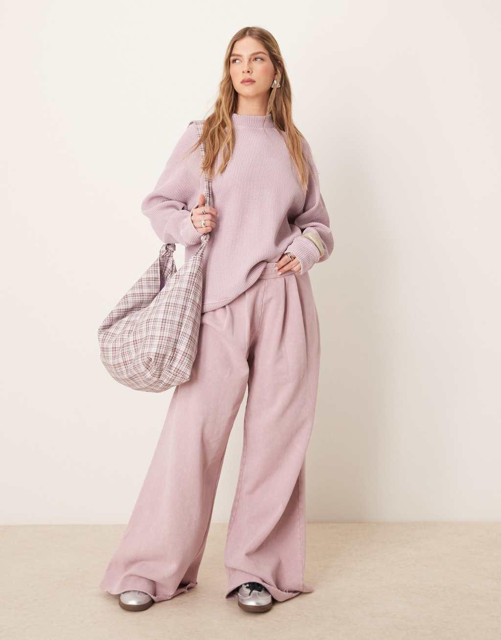 ASOS DESIGN raglan high neck long sleeve top in waffle in washed mauve Product Image