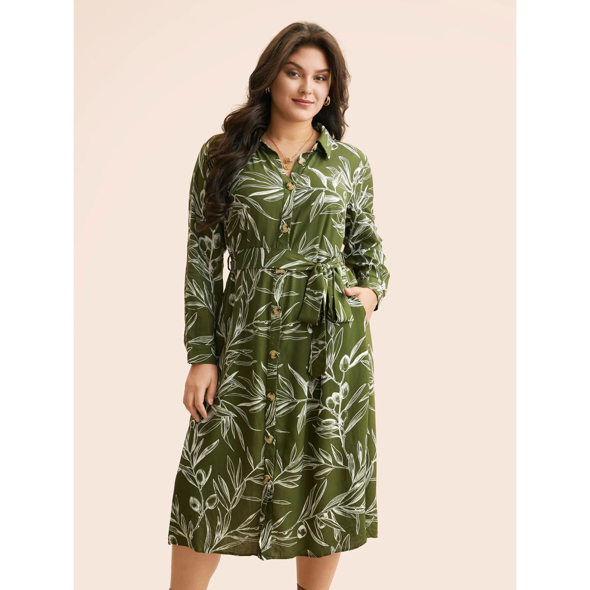 Plus Size Shirt Collar Plants Print Belted Dress Olive Women Casual Shirt collar Long Sleeve Curvy BloomChic 14-16/1X Product Image
