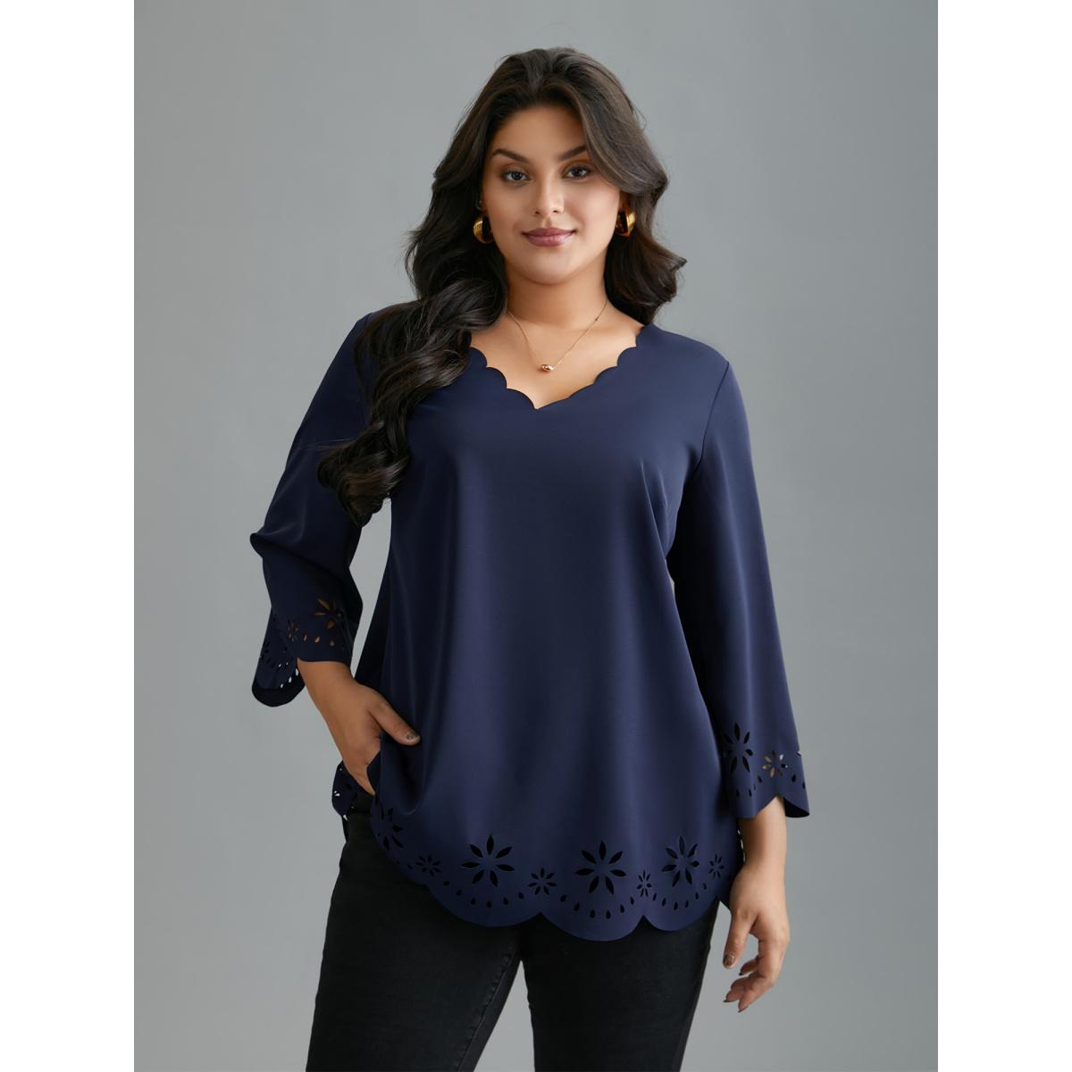 Plus Size Indigo Laser Cut Design V-Neck Blouse Women At the Office Three Quater Length Sleeve V-neck Work Blouses BloomChic 18-20/2X Product Image