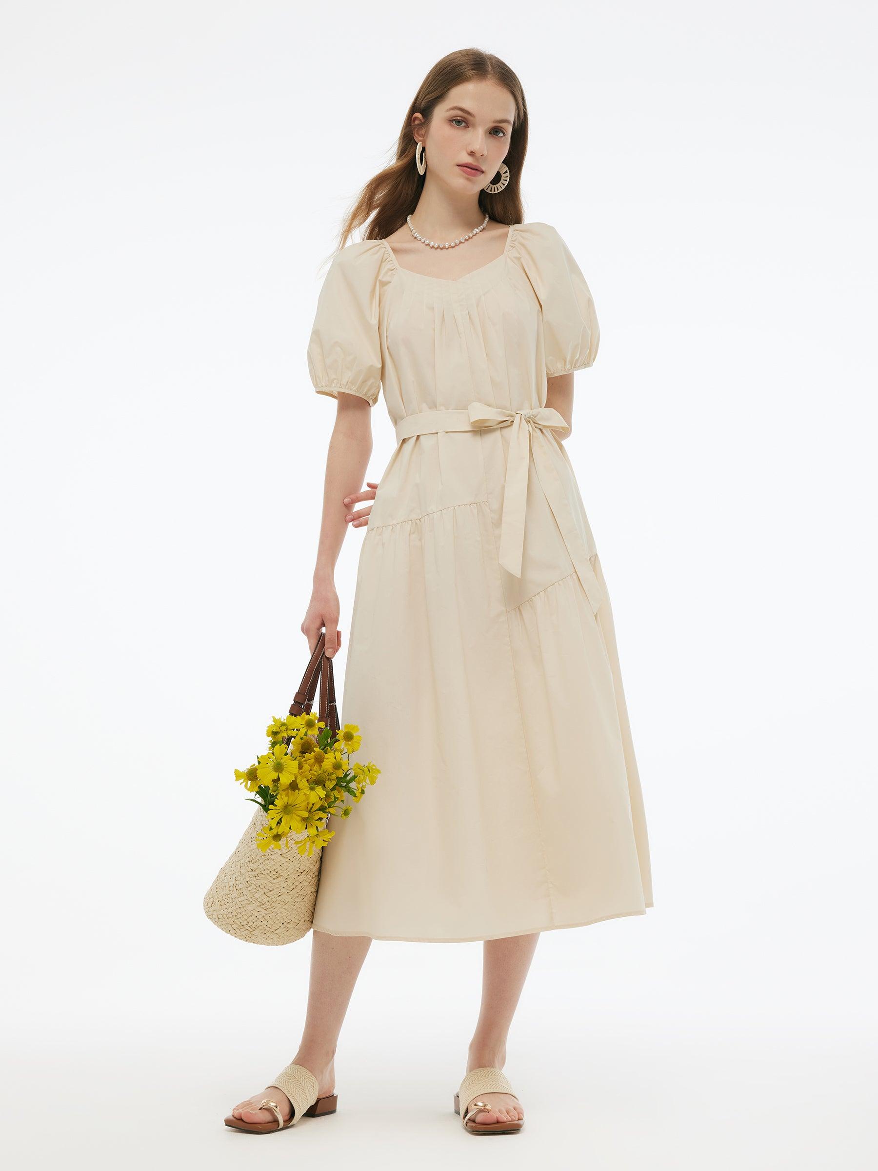100% Cotton A-Line Women Maxi Dress With Two Tie Belts Product Image