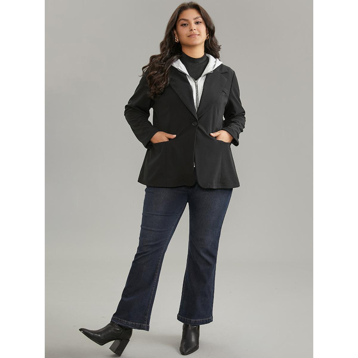 Plus Size Contrast Patchwork Zipper Button Up Hooded Blazer Black Women Dailywear Plain Lined Sleeve Long Sleeve Hooded 26/4X Pocket Casual Blazers BloomChic Product Image