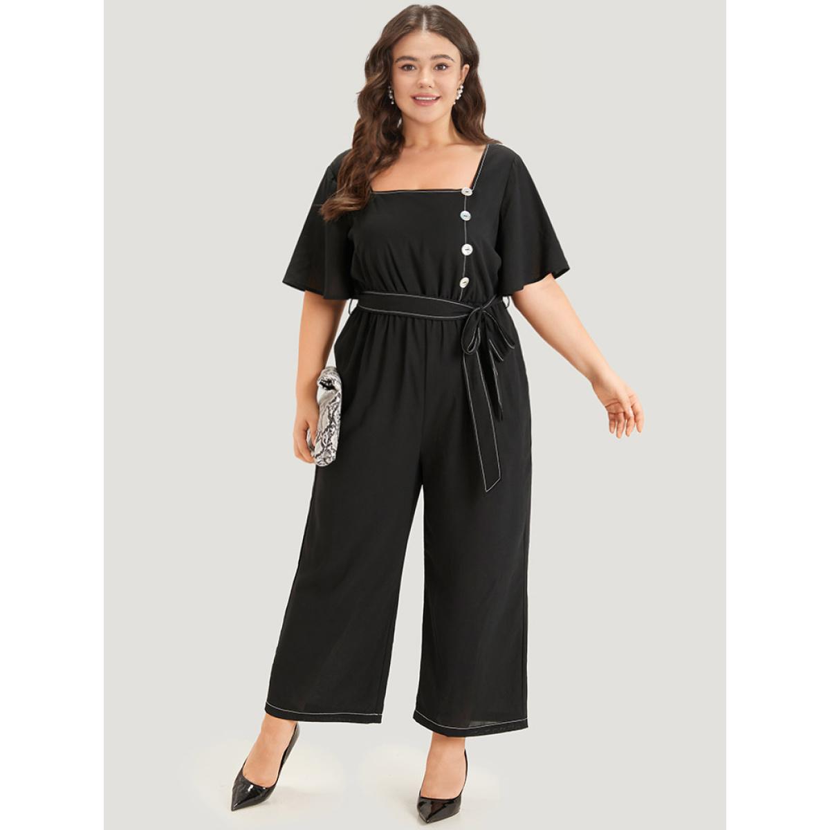 Plus Size Black Contrast Stitch Pocket Button Detail Belted Zipper Jumpsuit Women Office Short sleeve Square Neck Work Loose Jumpsuits BloomChic 28/5X Product Image