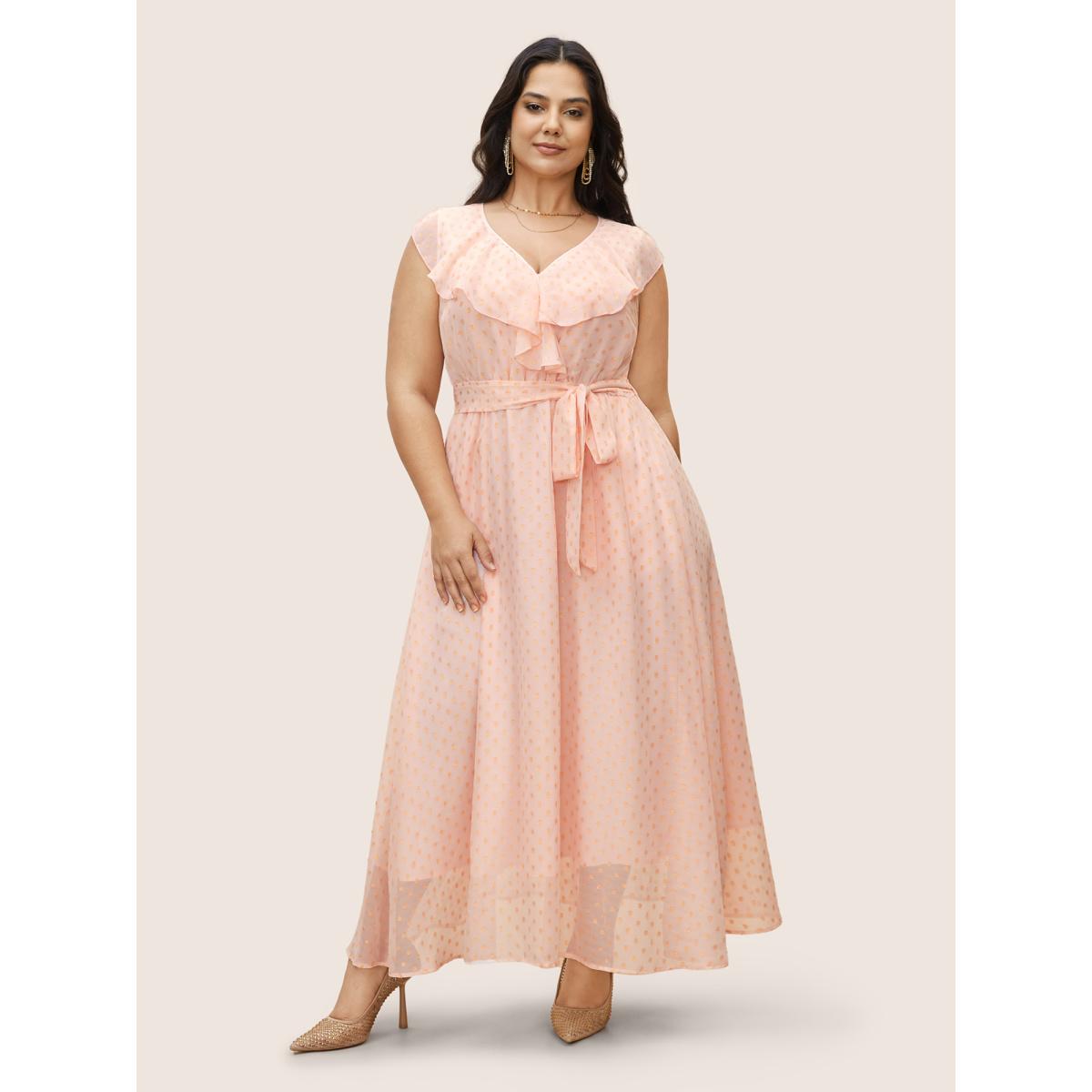 Plus Size Polka Dot Ruffles Belted Sleeveless Dress MistyRose Women Formal Belted V-neck Sleeveless Curvy BloomChic 30/6X Product Image