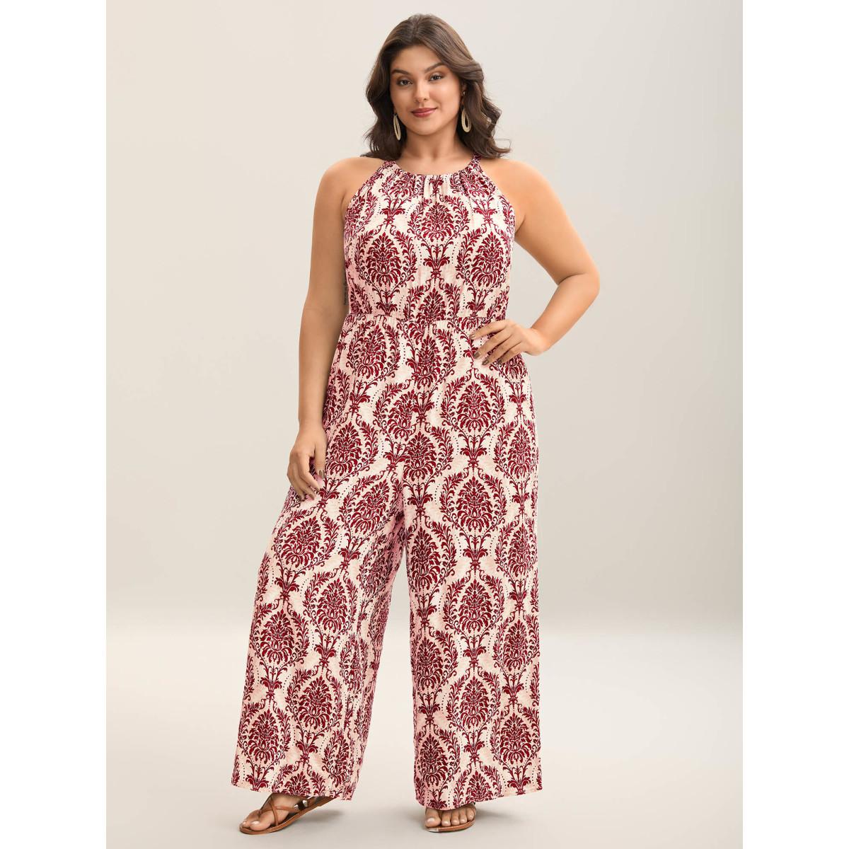 Plus Size Rust Rayon Damask Print Stretchy Waist Jumpsuit Women Sleeveless Halter neck Vacation Loose Jumpsuits BloomChic 10/M Product Image