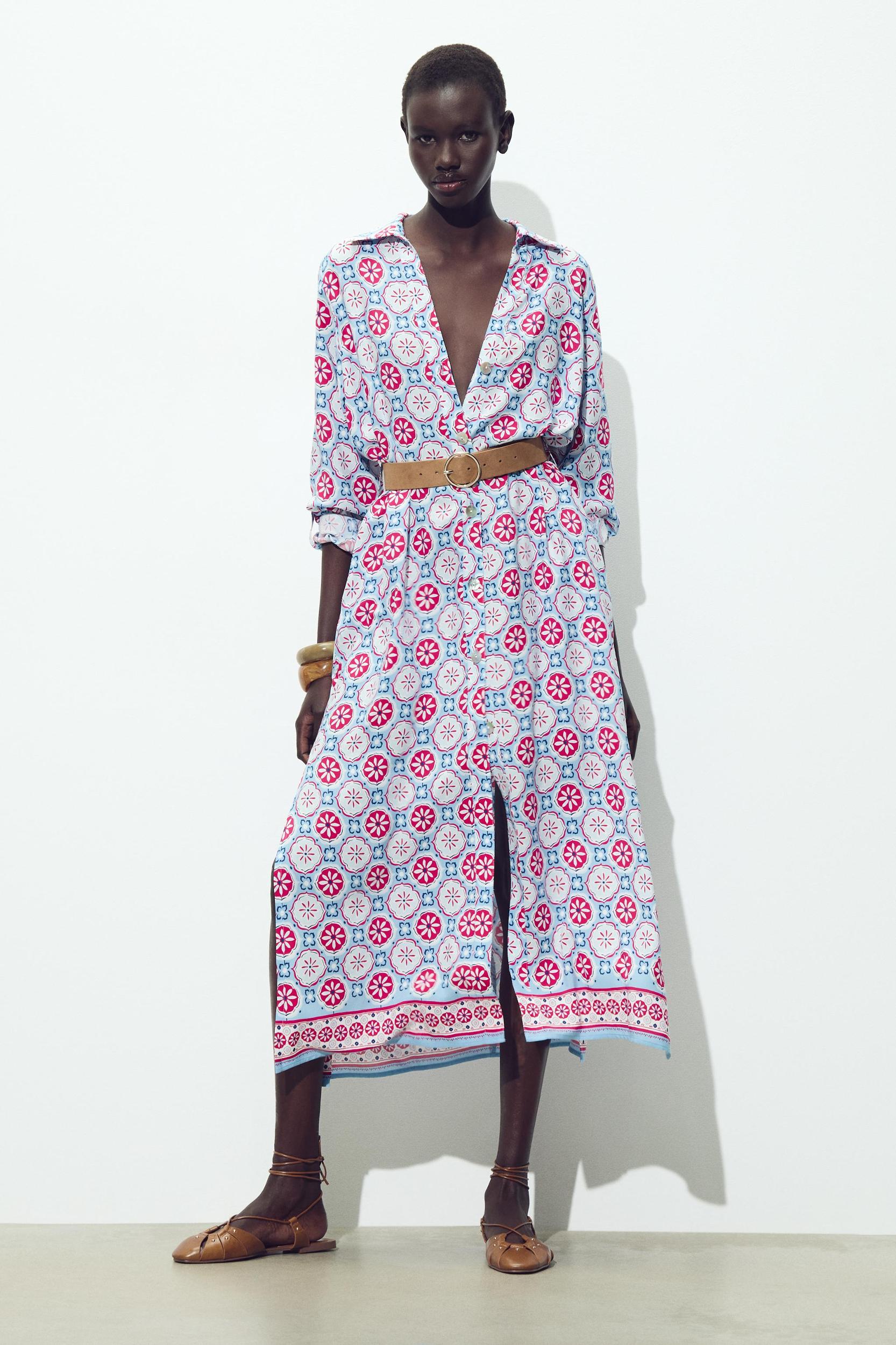 BELTED PRINT MIDI DRESS Product Image