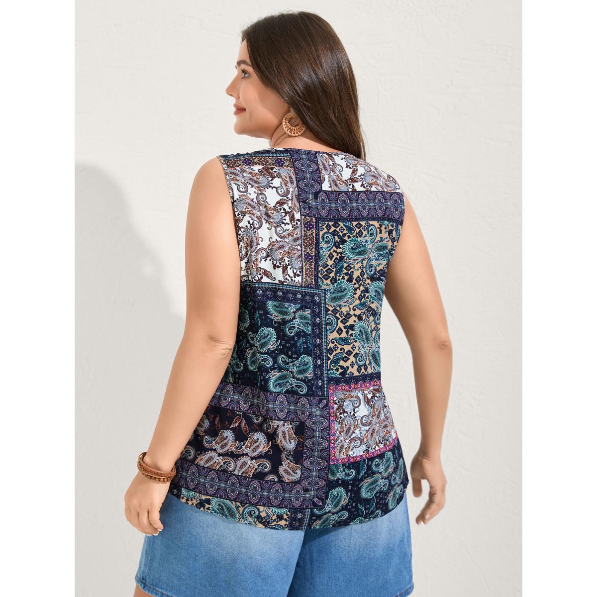 Plus Size Rayon Floral Contrast Collage Tank Top Women Multicolor Boho V-neck Vacation Tank Tops Camis BloomChic 28/5X Product Image