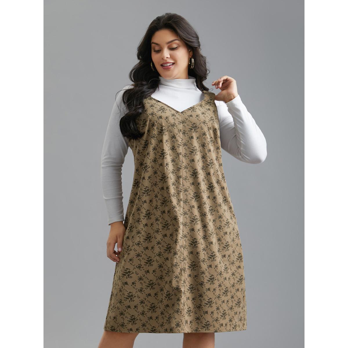 Plus Size Suspender Skirt Style Floral Dress Browncoffeecolor Women Casual Texture Non Sleeveless Curvy BloomChic 14-16/1X Product Image