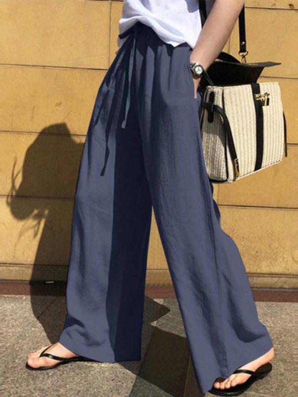 High Waisted Loose Drawstring Pockets Solid Color Pants Trousers Product Image