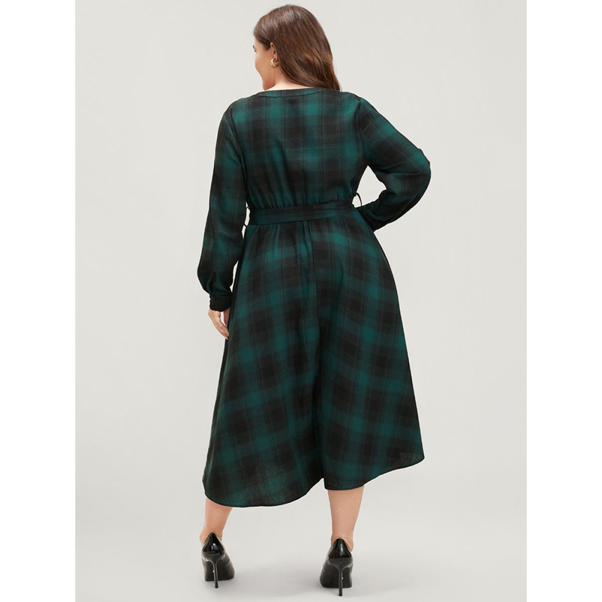 Plus Size Plaid Pocket Button Detail Belted Asymmetrical Hem Dress Emerald Women Elegant Button V-neck Long Sleeve Curvy Midi Dress BloomChic 22-24/3X Product Image