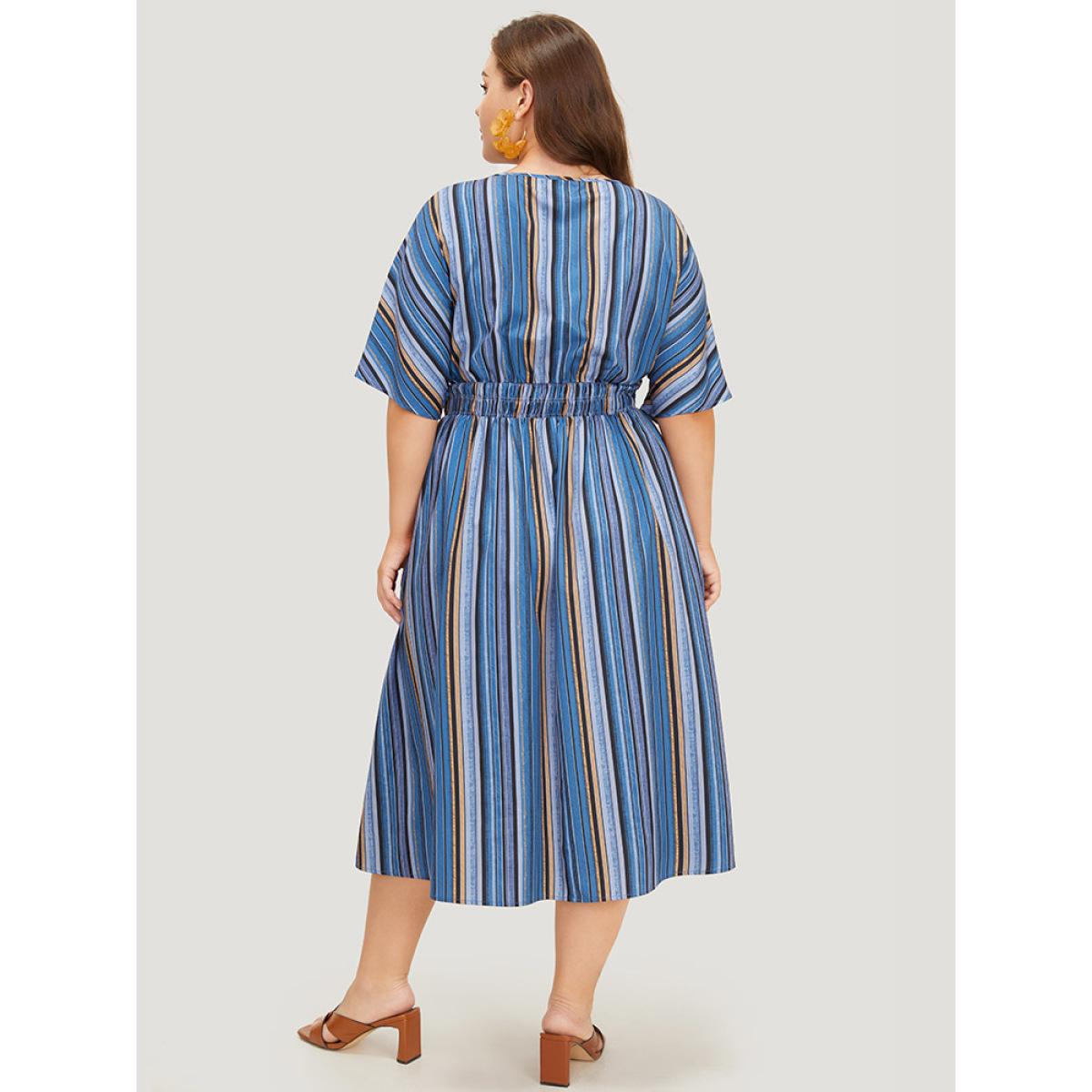 Plus Size Striped Contrast Pocket Knot Shirred Batwing Sleeve Dress Indigo Women Vacation Gathered V-neck Short sleeve Curvy Midi Dress BloomChic 22-24/3X Product Image